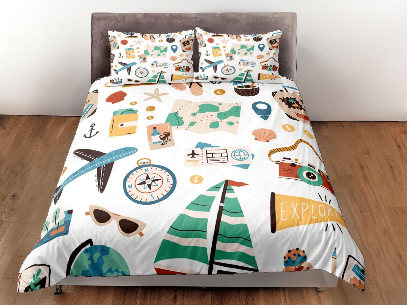 Wanderlust essentials traveller duvet cover travel lover gift bedding set full queen king, aesthetic room decor world expl…