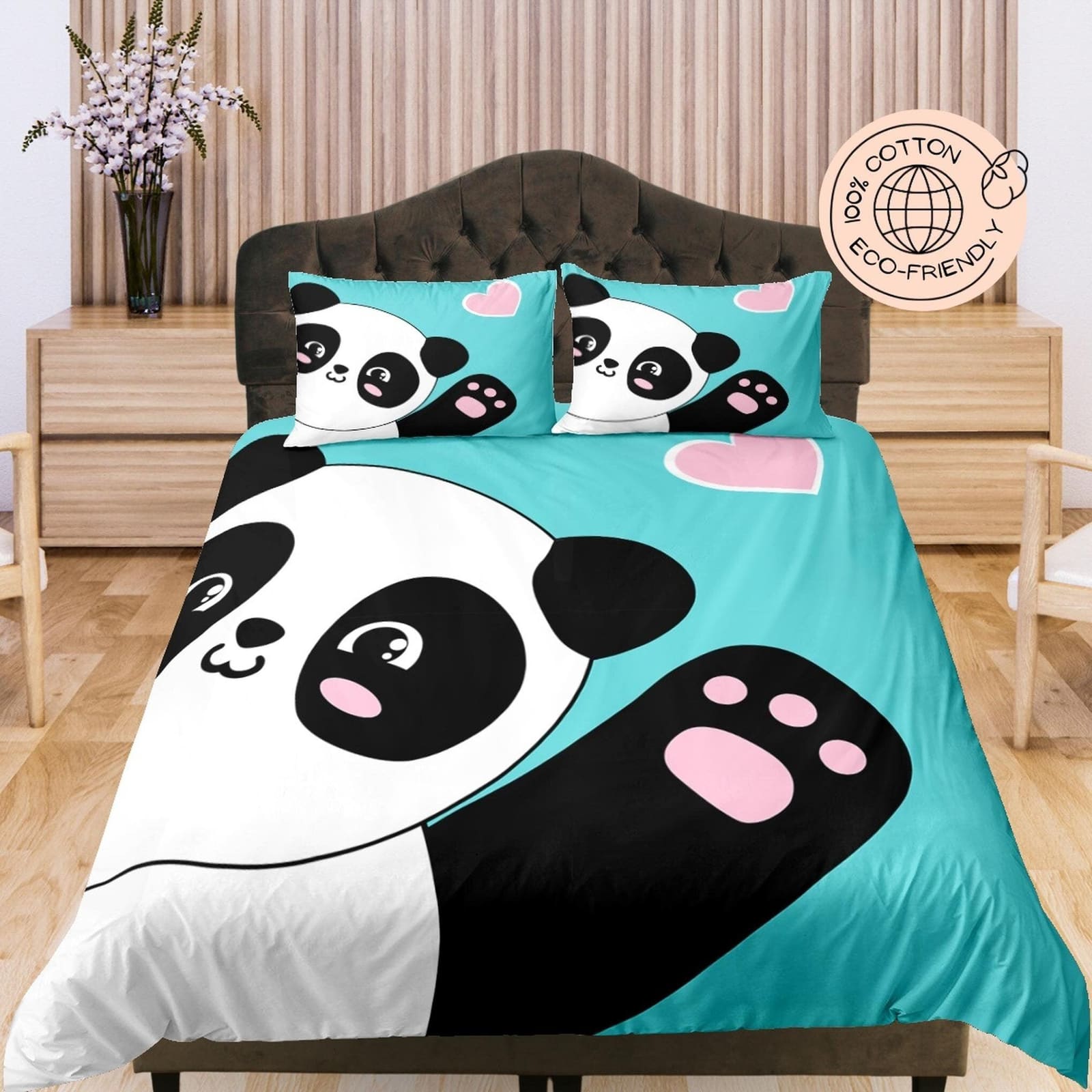 Waving Cute Panda, Cyan Cotton Duvet Cover Set for Kids, Toddler Bedding, Baby Zipper Bedding, Nursery Cotton Bedding, Cri…
