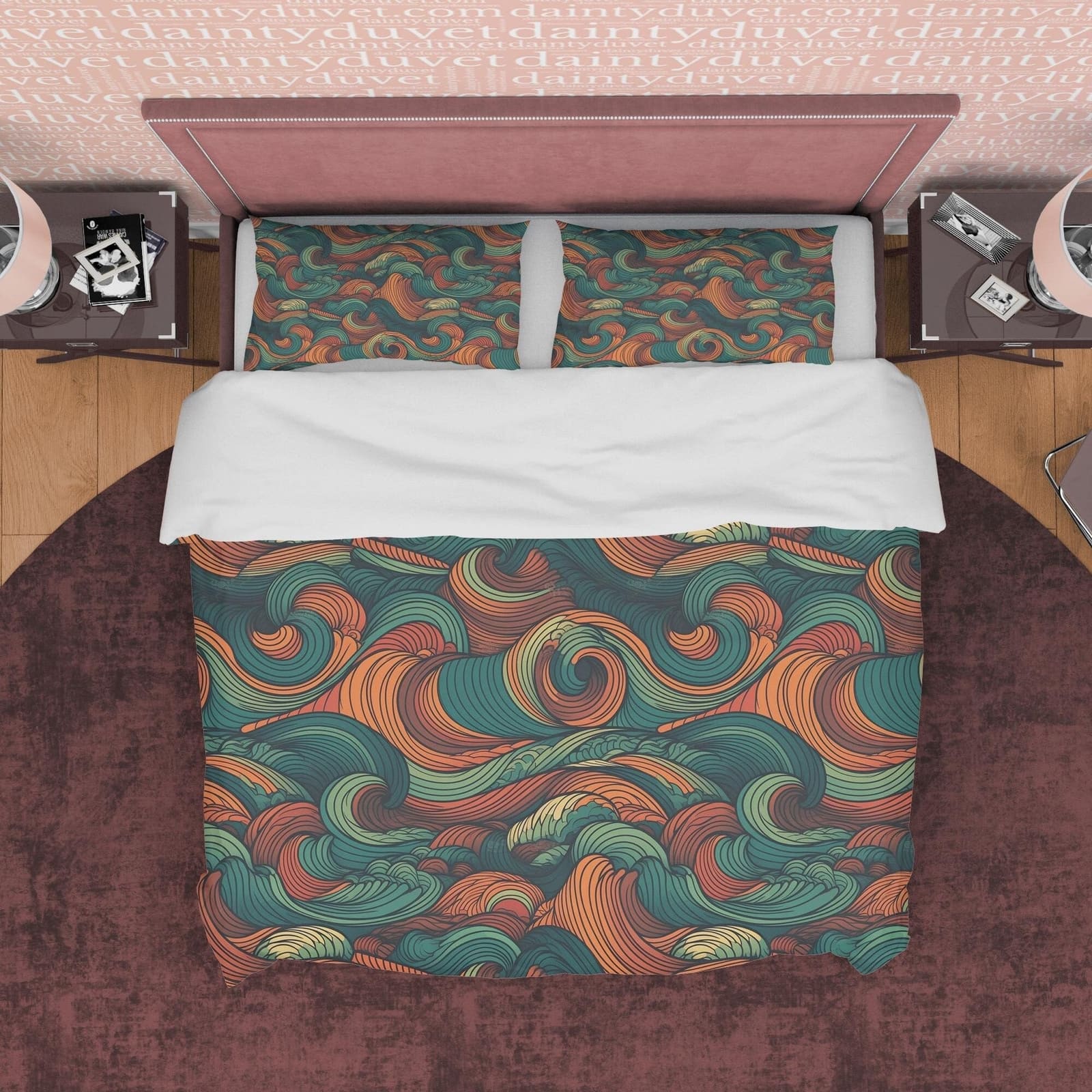 Wavy Green Retro Bedding Set, Abstract Blanket Cover Vintage Duvet Cover, Green Quilt Cover, Unique 70s Nostalgia Bedsprea…