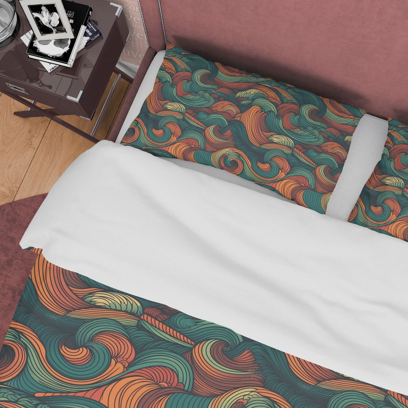 Wavy Green Retro Bedding Set, Abstract Blanket Cover Vintage Duvet Cover, Green Quilt Cover, Unique 70s Nostalgia Bedsprea…