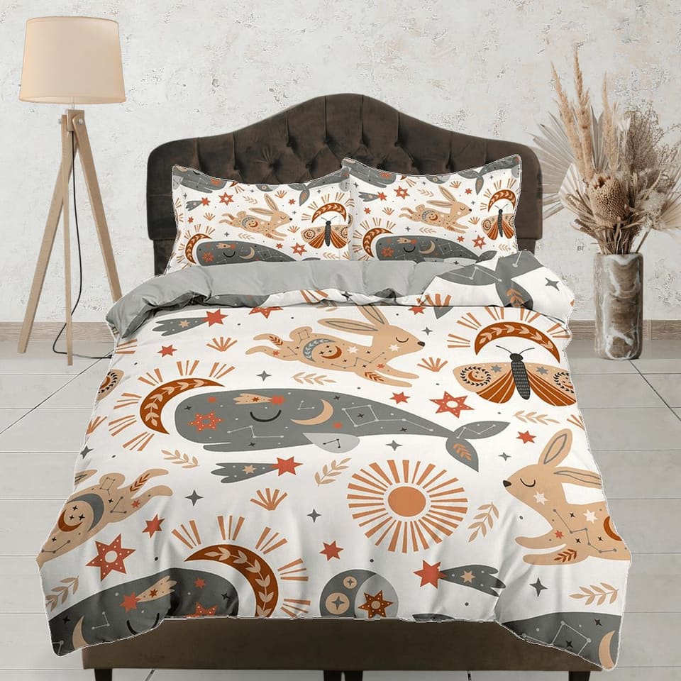 Whale and Luna Moth Boho Bedding, Minimalist Bohemian, Dorm Bedding, Duvet Cover Set, Aesthetic Duvet Cover King Queen Ful…