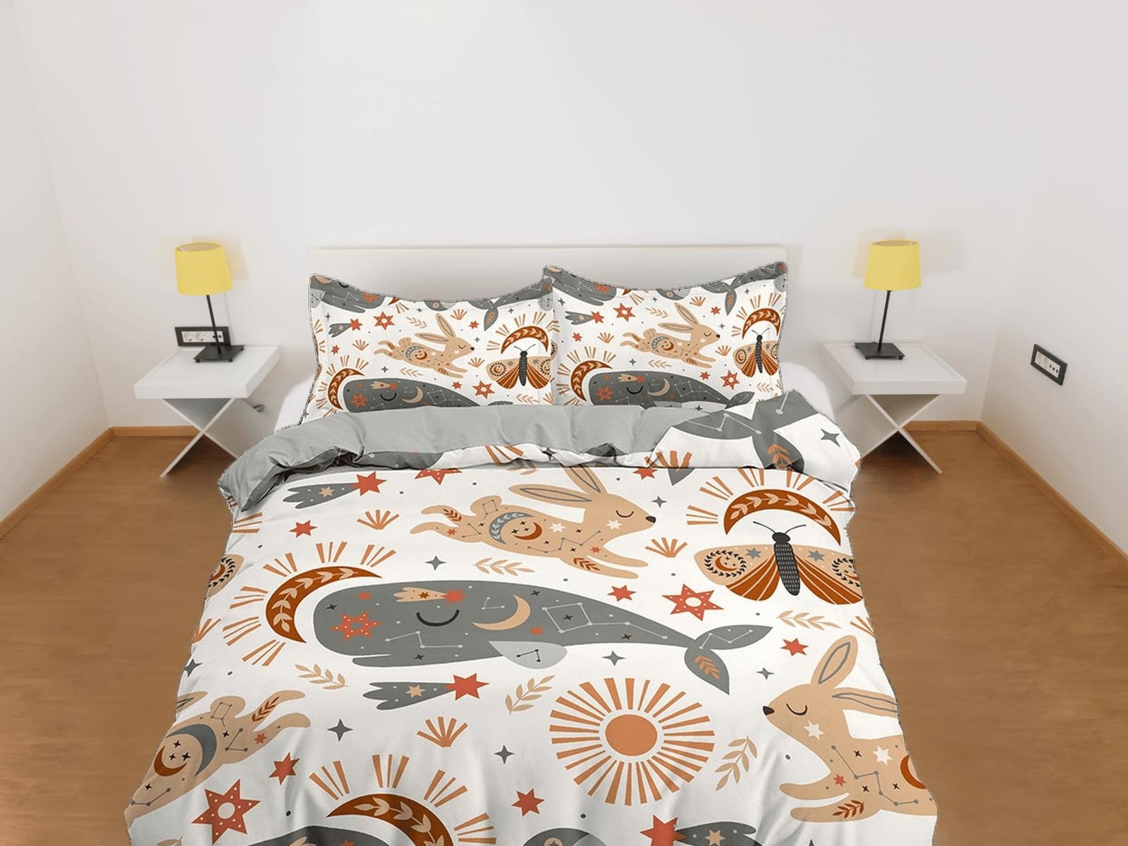Whale and Luna Moth Boho Bedding, Minimalist Bohemian, Dorm Bedding, Duvet Cover Set, Aesthetic Duvet Cover King Queen Ful…