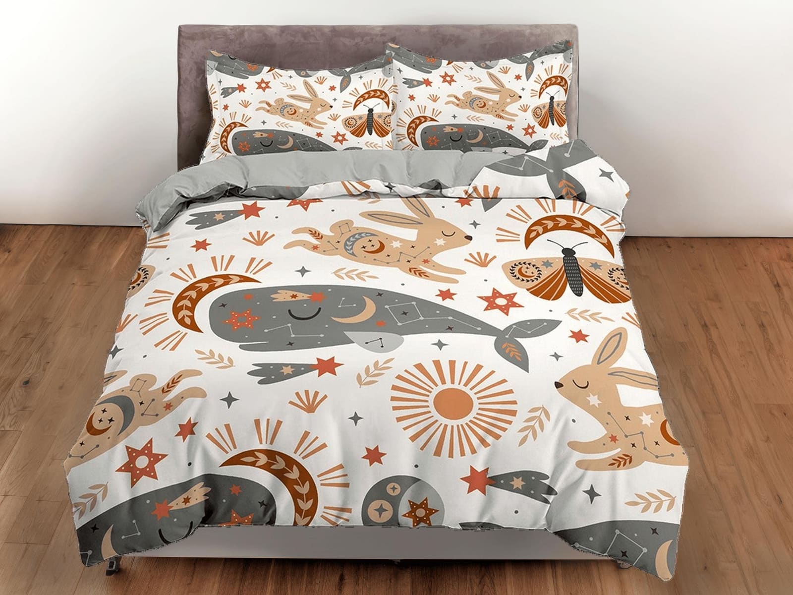 Whale and Luna Moth Boho Bedding, Minimalist Bohemian, Dorm Bedding, Duvet Cover Set, Aesthetic Duvet Cover King Queen Ful…
