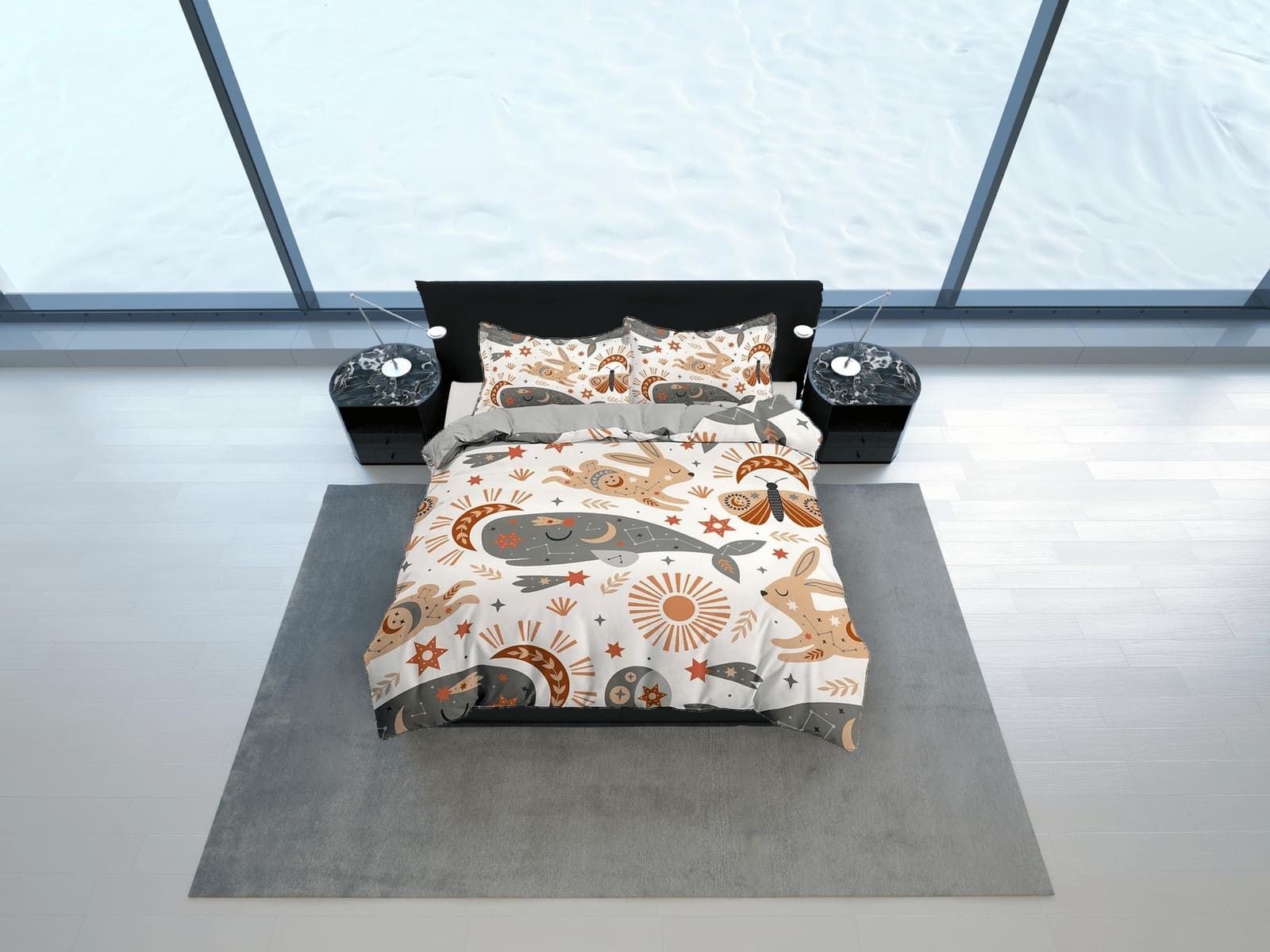 Whale and Luna Moth Boho Bedding, Minimalist Bohemian, Dorm Bedding, Duvet Cover Set, Aesthetic Duvet Cover King Queen Ful…