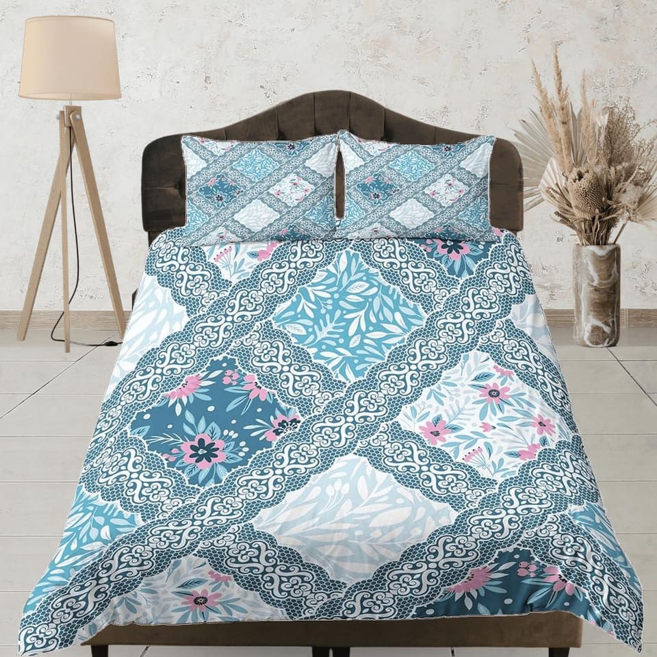 Whimsical blue patchwork quilt printed duvet cover set, aesthetic room decor bedding set full, king, queen size, boho beds…