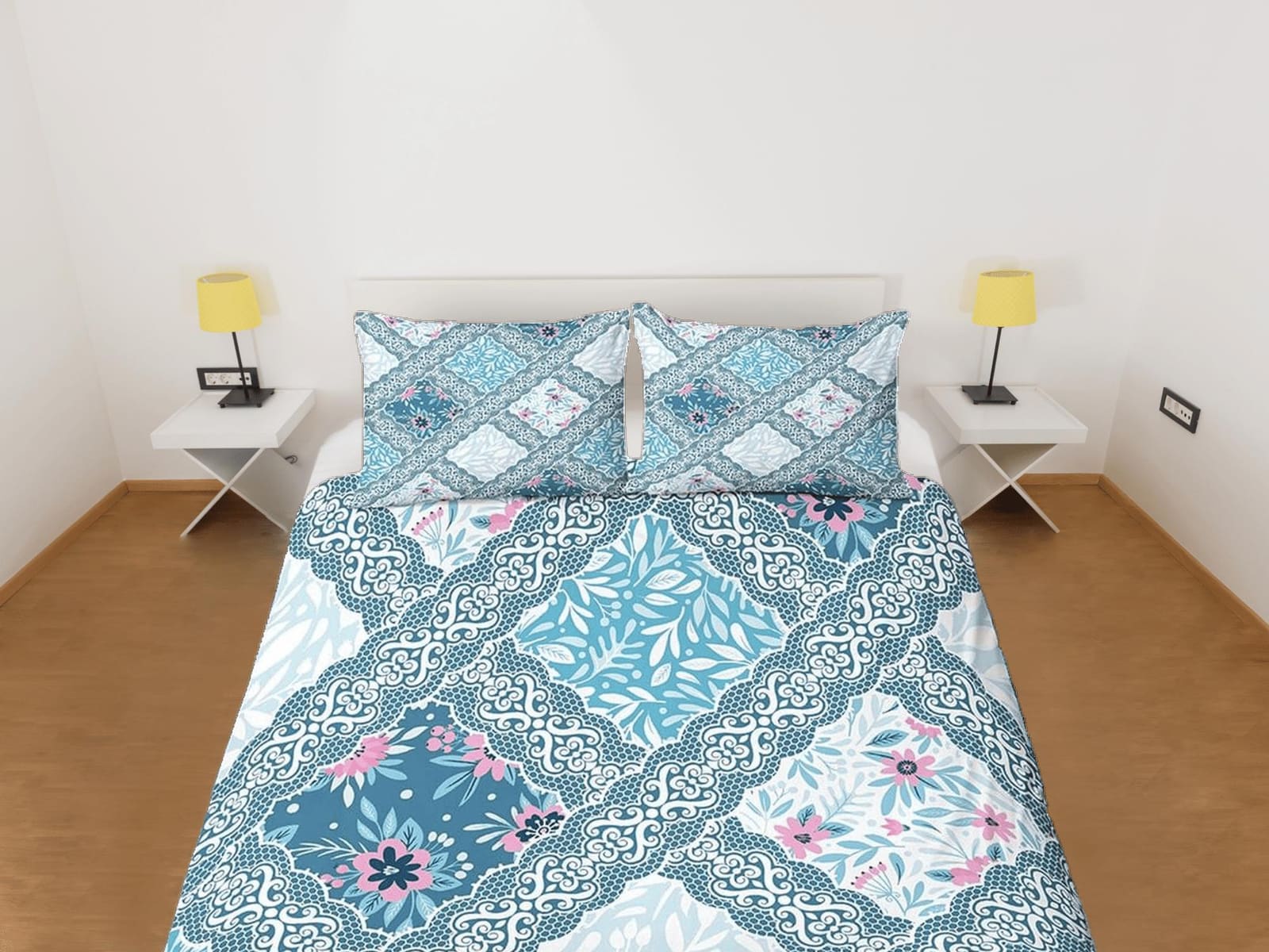 Whimsical blue patchwork quilt printed duvet cover set, aesthetic room decor bedding set full, king, queen size, boho beds…