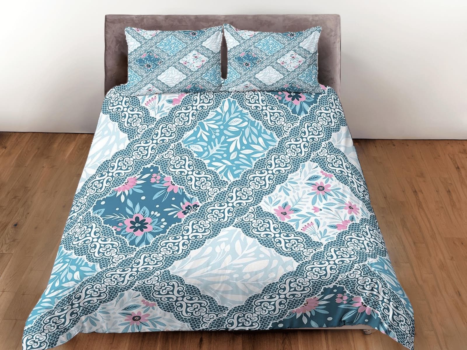 Whimsical blue patchwork quilt printed duvet cover set, aesthetic room decor bedding set full, king, queen size, boho beds…