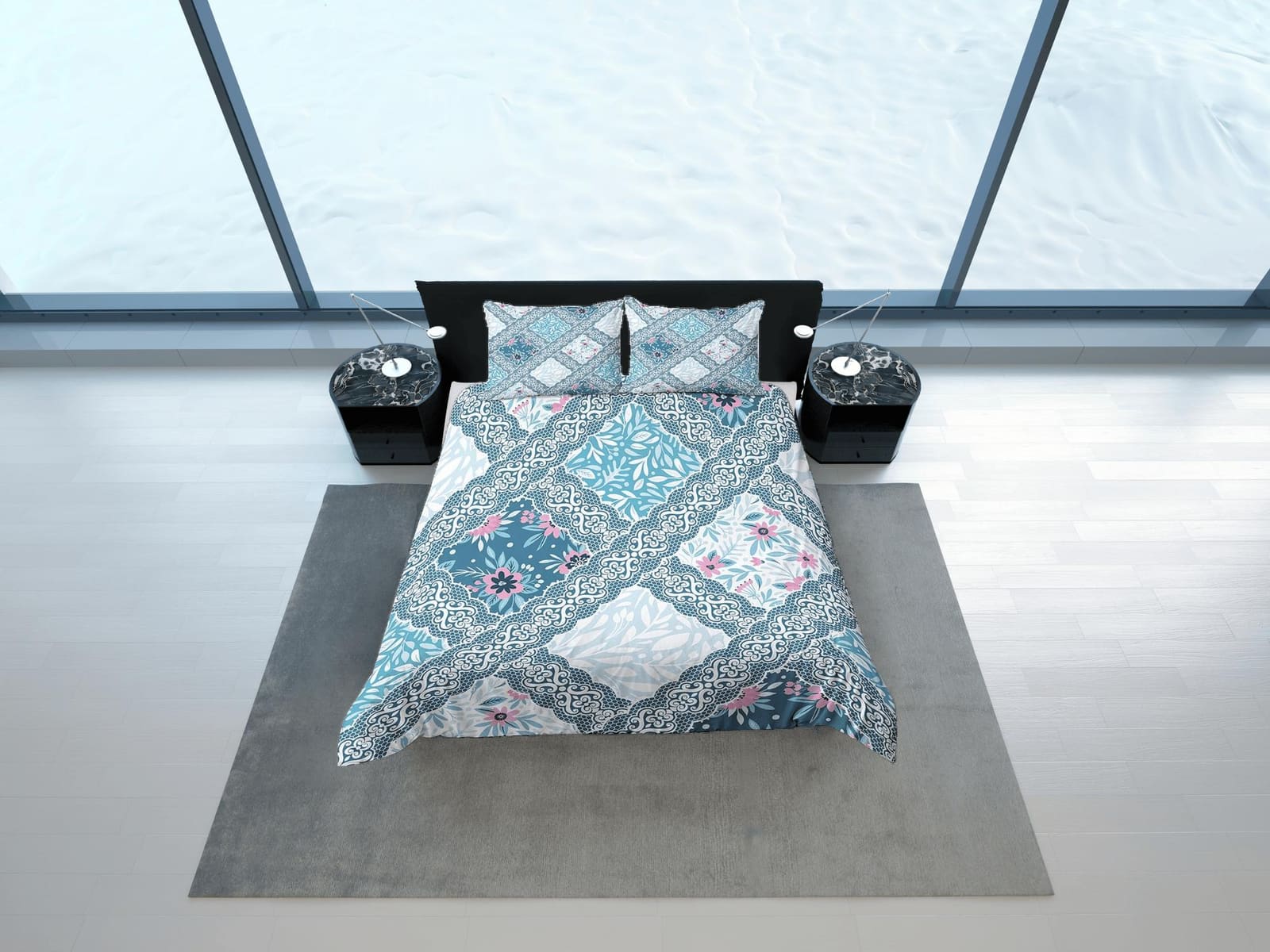 Whimsical blue patchwork quilt printed duvet cover set, aesthetic room decor bedding set full, king, queen size, boho beds…