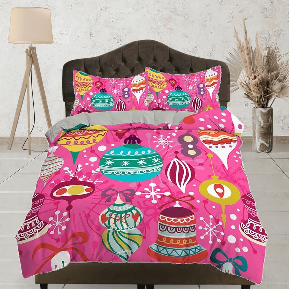 Whimsical christmas baubles pink duvet cover set, christmas full size bedding & pillowcase, college bedding, toddler beddi…