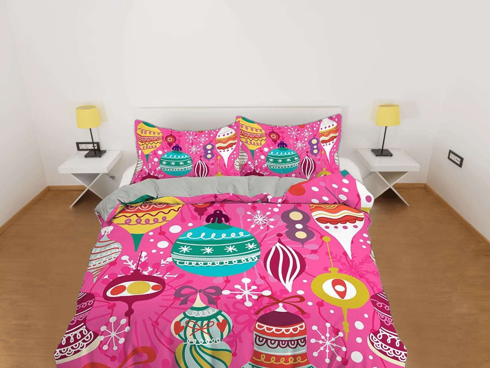 Whimsical christmas baubles pink duvet cover set, christmas full size bedding & pillowcase, college bedding, toddler beddi…
