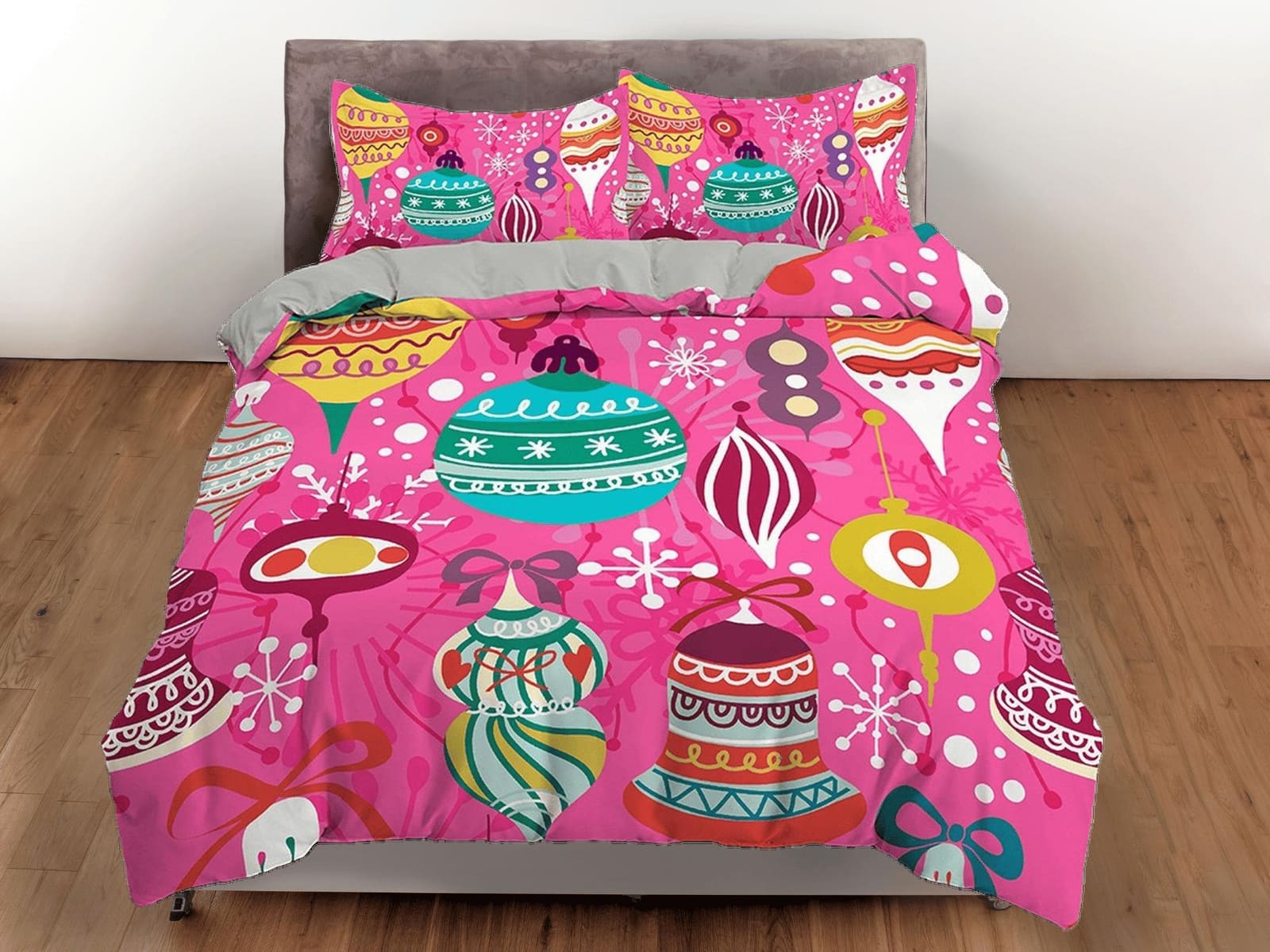 Whimsical christmas baubles pink duvet cover set, christmas full size bedding & pillowcase, college bedding, toddler beddi…