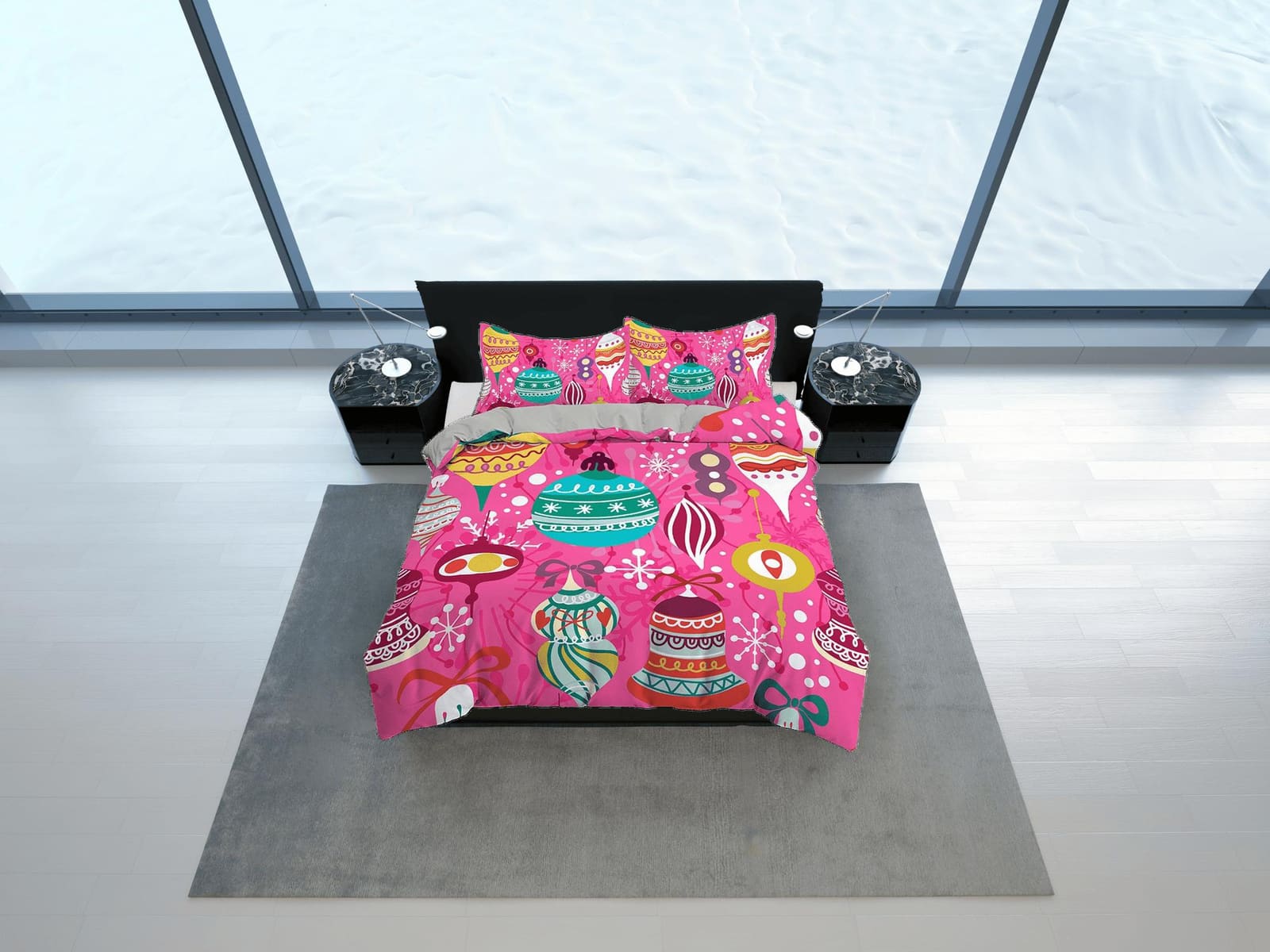 Whimsical christmas baubles pink duvet cover set, christmas full size bedding & pillowcase, college bedding, toddler beddi…