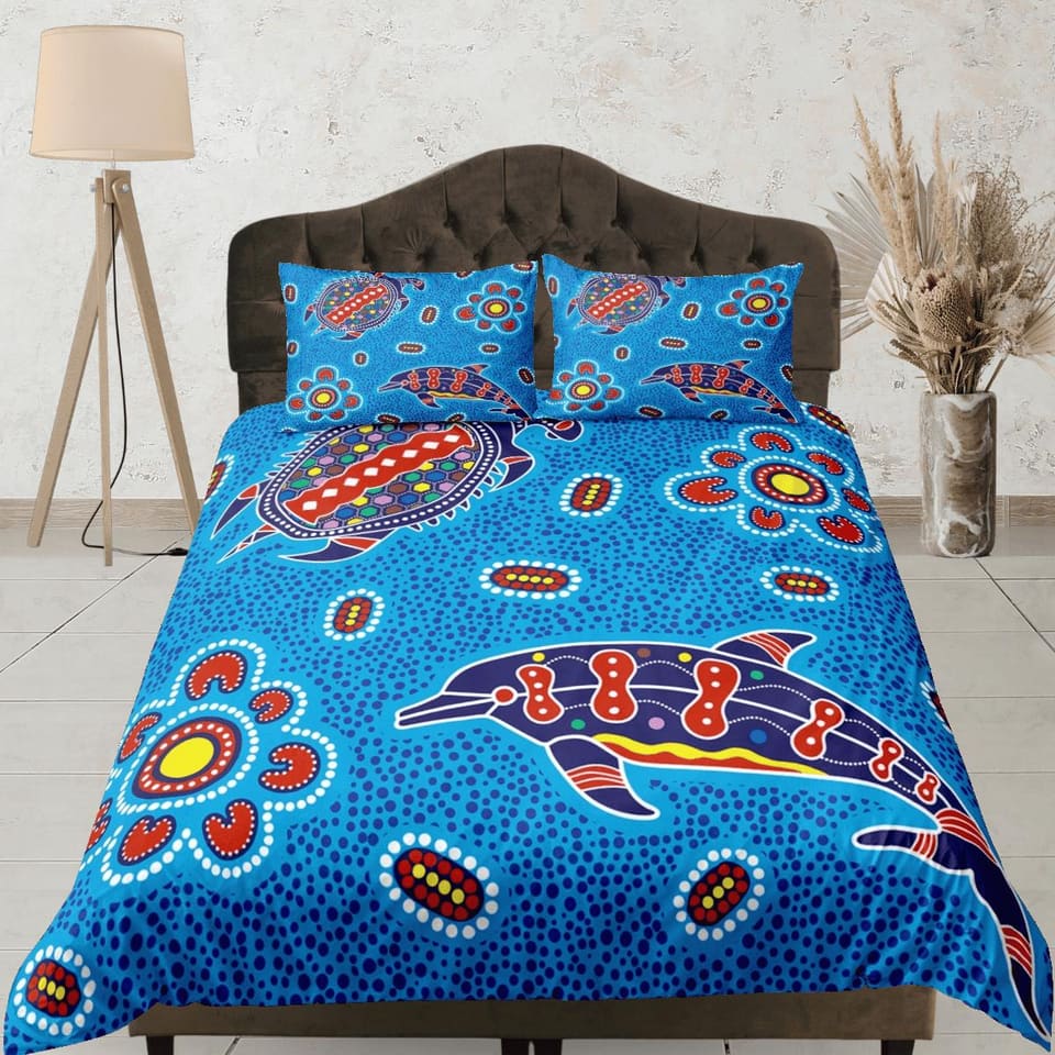 Whimsical dolphin colorful coastal grandma blue duvet cover nautical bedding set full queen king, aesthetic room decor, oc…