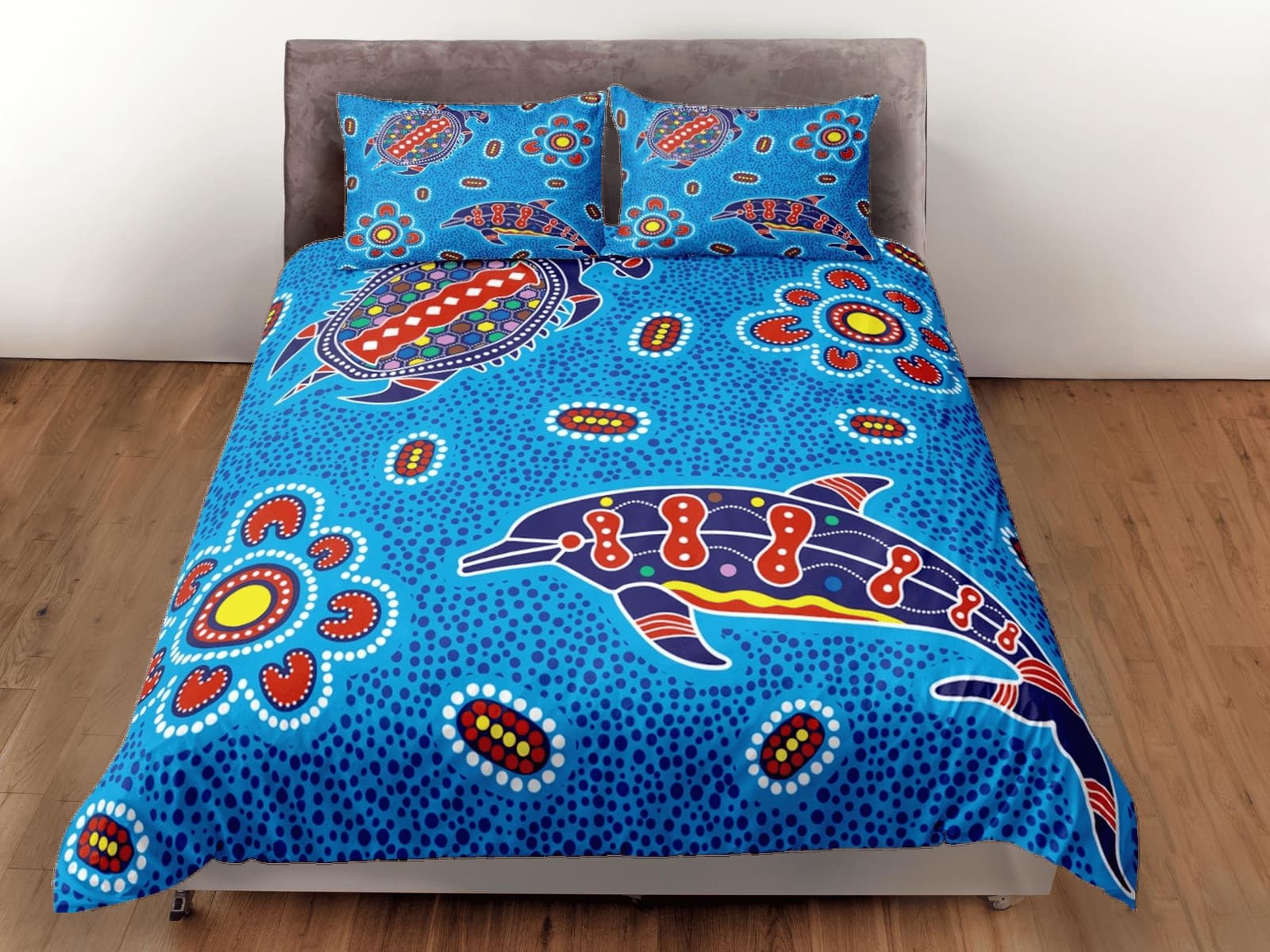 Whimsical dolphin colorful coastal grandma blue duvet cover nautical bedding set full queen king, aesthetic room decor, oc…