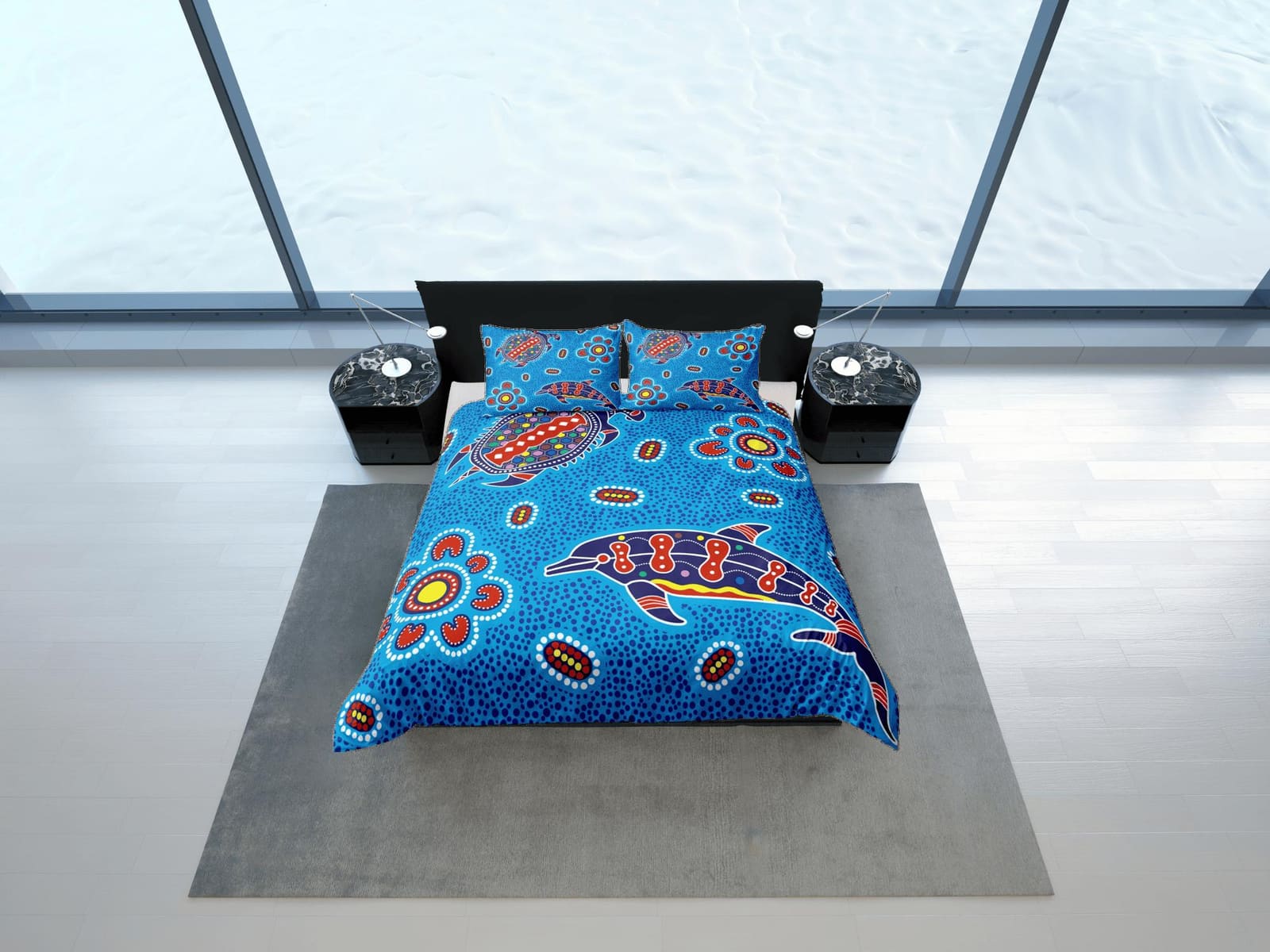 Whimsical dolphin colorful coastal grandma blue duvet cover nautical bedding set full queen king, aesthetic room decor, oc…