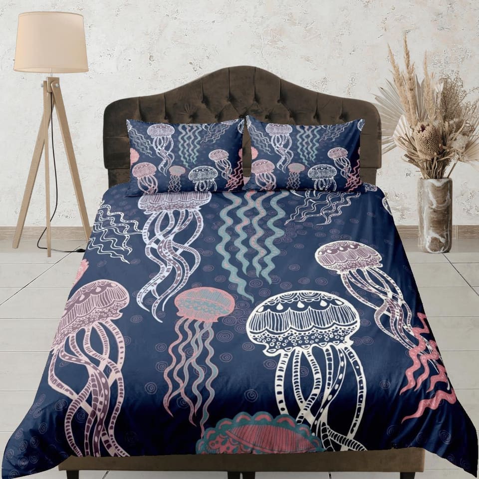 Whimsical jellyfish bedding colorful duvet cover, ocean blush sea animal bedding set full king queen twin crib toddler, co…