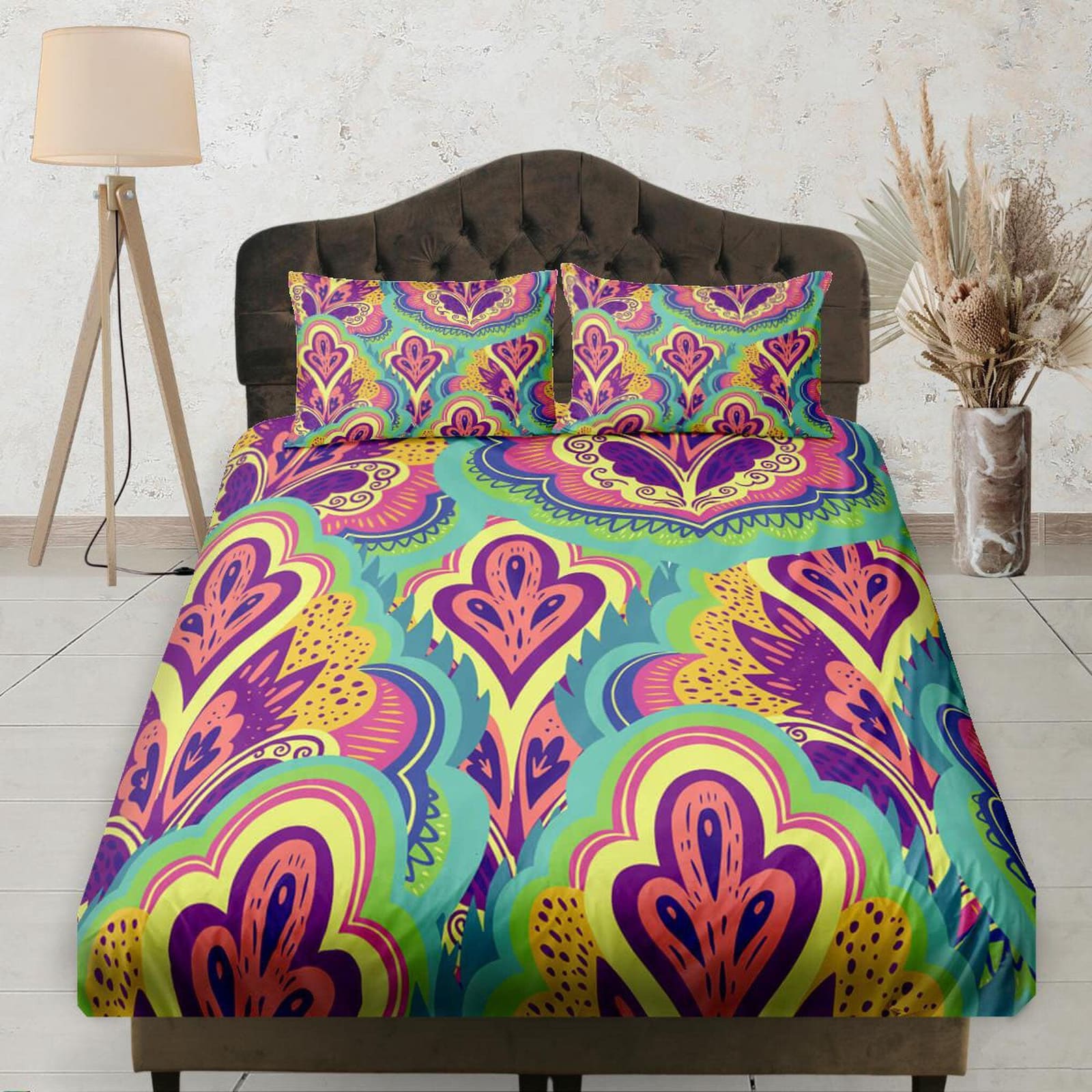 Whimsical Paisley Prints Pink Yellow Green Fitted Sheet Deep Pocket, Aesthetic Bedding Set Full, Elastic Bedsheet, Dorm Be…