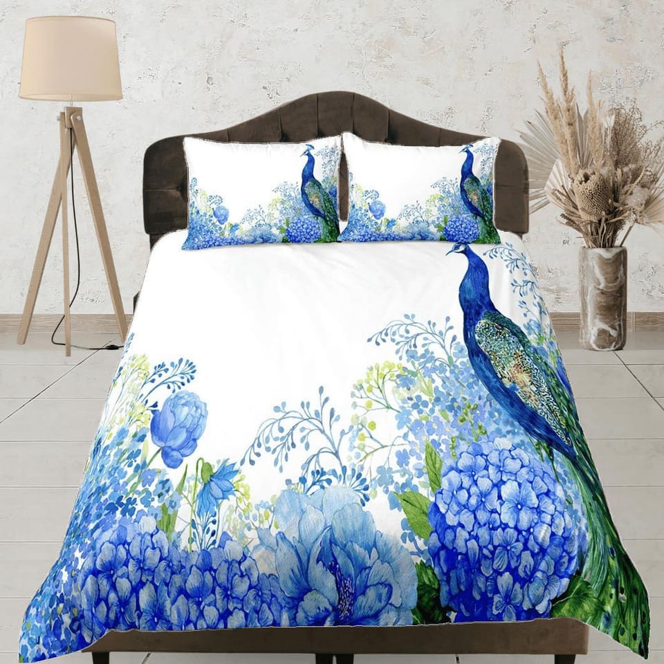 White bedding blue peacock decor aesthetic bedding set full, luxury duvet cover queen, king, boho duvet, designer bedding,…