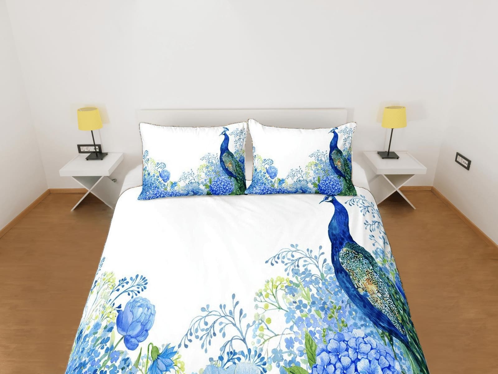 White bedding blue peacock decor aesthetic bedding set full, luxury duvet cover queen, king, boho duvet, designer bedding,…