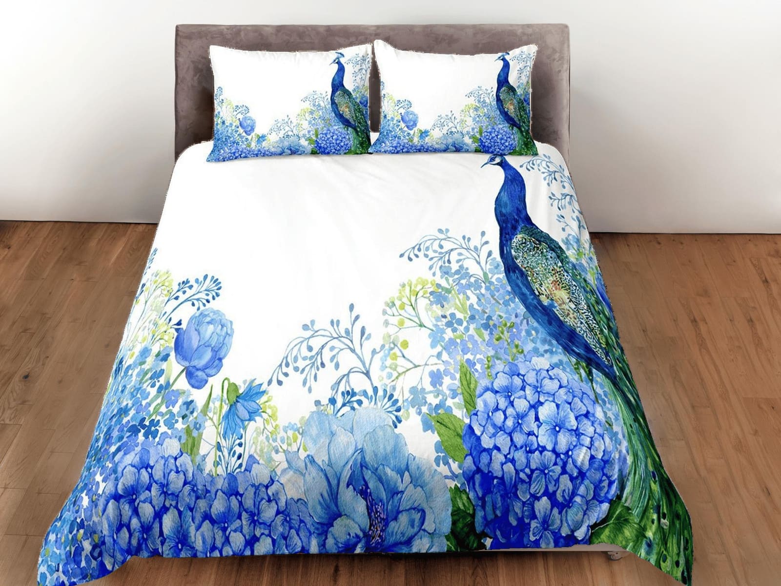 White bedding blue peacock decor aesthetic bedding set full, luxury duvet cover queen, king, boho duvet, designer bedding,…