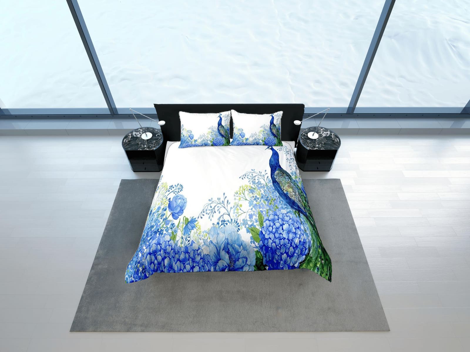 White bedding blue peacock decor aesthetic bedding set full, luxury duvet cover queen, king, boho duvet, designer bedding,…