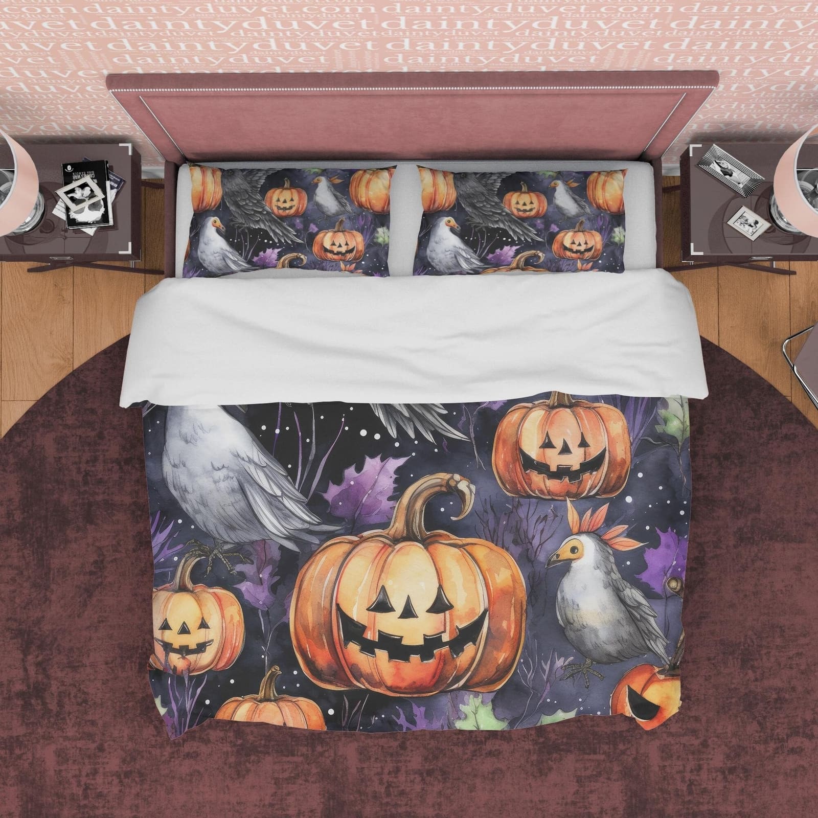 White Bird & Pumpkin Duvet Cover Set, Spooky Bedding, Retro Aesthetic Halloween Room Decor, Farmhouse Quilt Cover, Autumn…