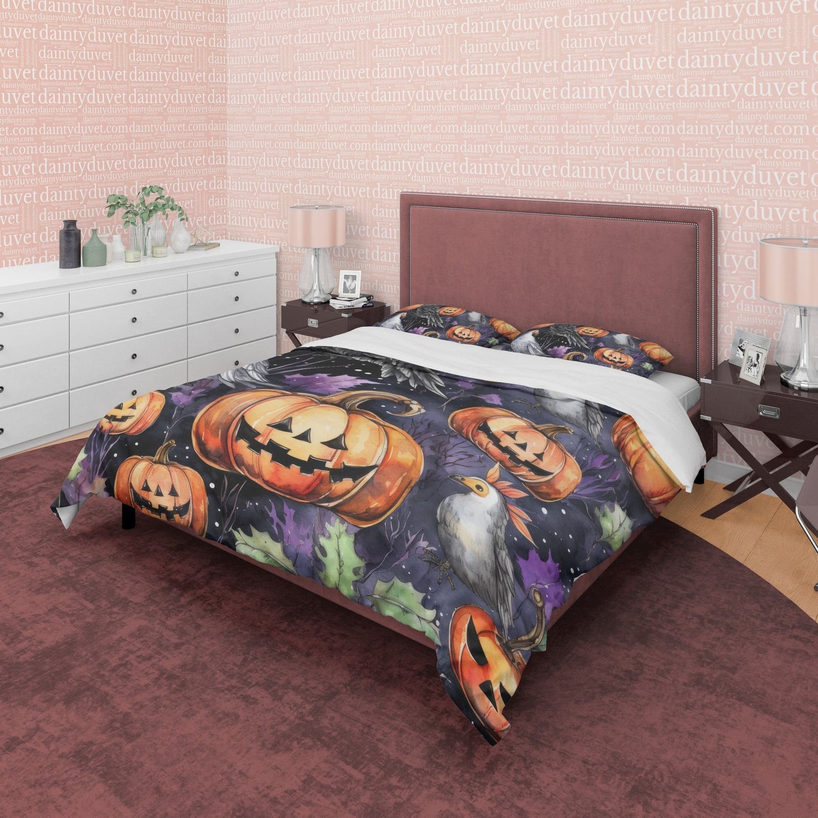 White Bird & Pumpkin Duvet Cover Set, Spooky Bedding, Retro Aesthetic Halloween Room Decor, Farmhouse Quilt Cover, Autumn…