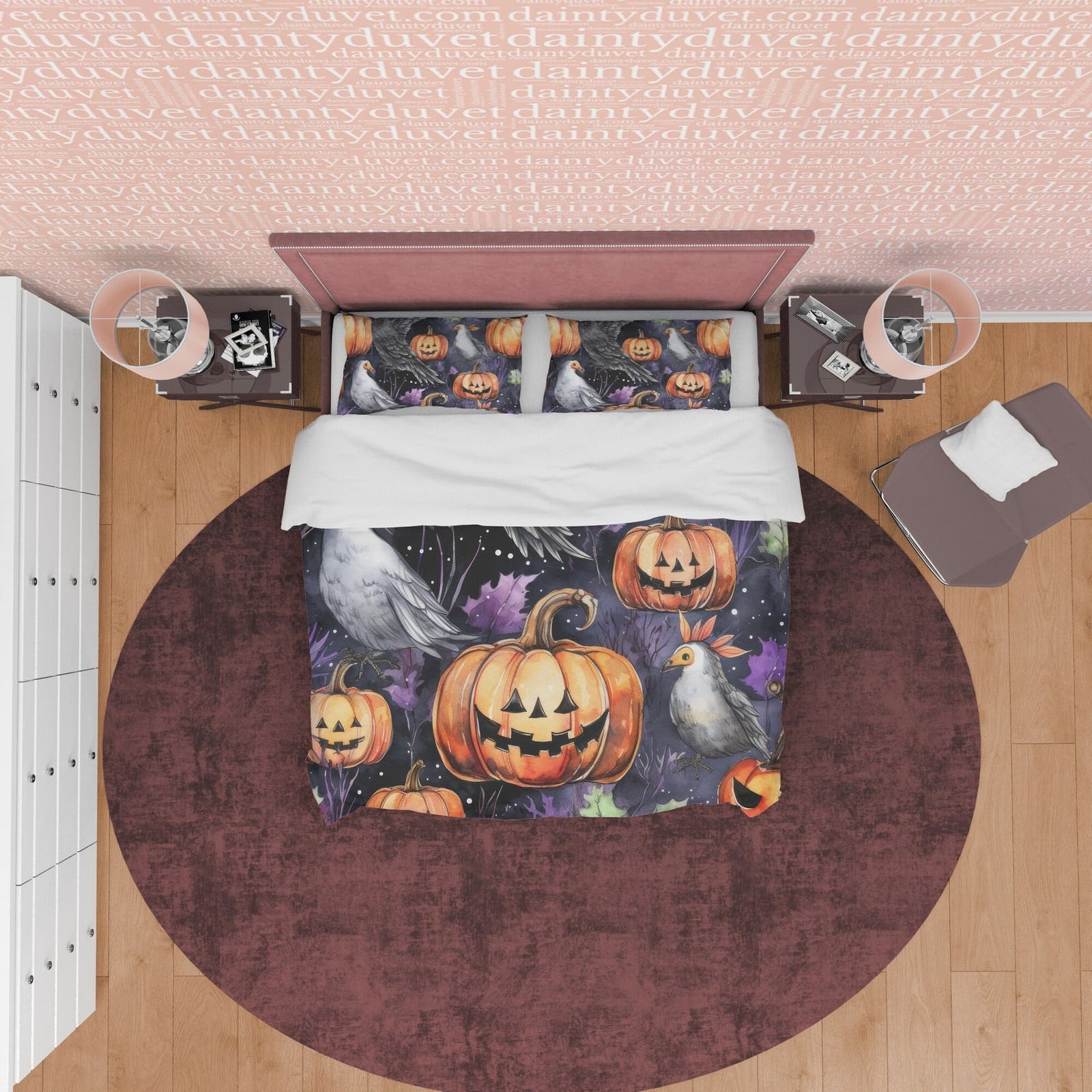 White Bird & Pumpkin Duvet Cover Set, Spooky Bedding, Retro Aesthetic Halloween Room Decor, Farmhouse Quilt Cover, Autumn…
