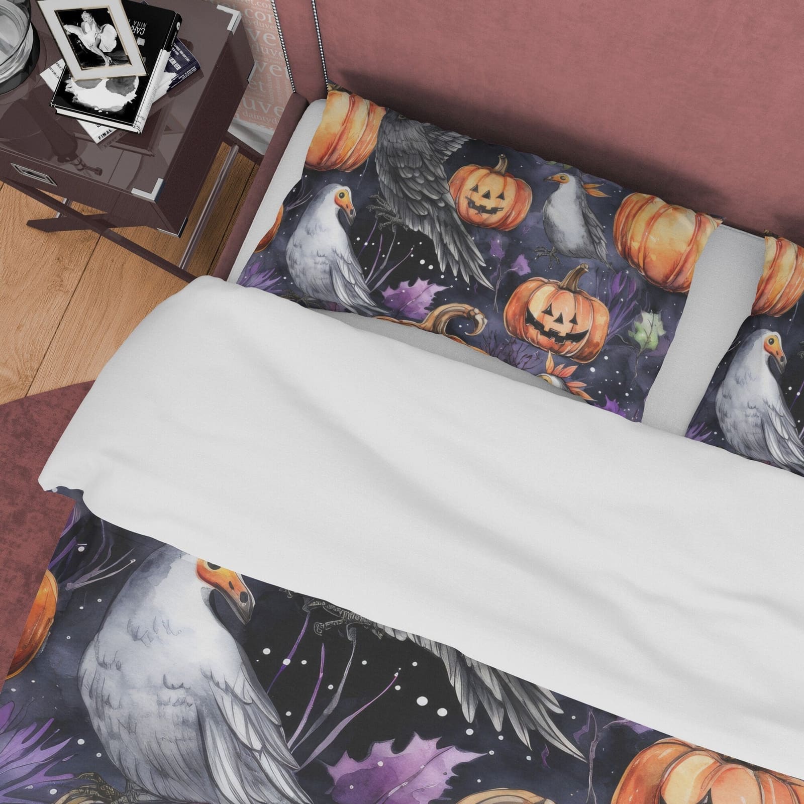 White Bird & Pumpkin Duvet Cover Set, Spooky Bedding, Retro Aesthetic Halloween Room Decor, Farmhouse Quilt Cover, Autumn…