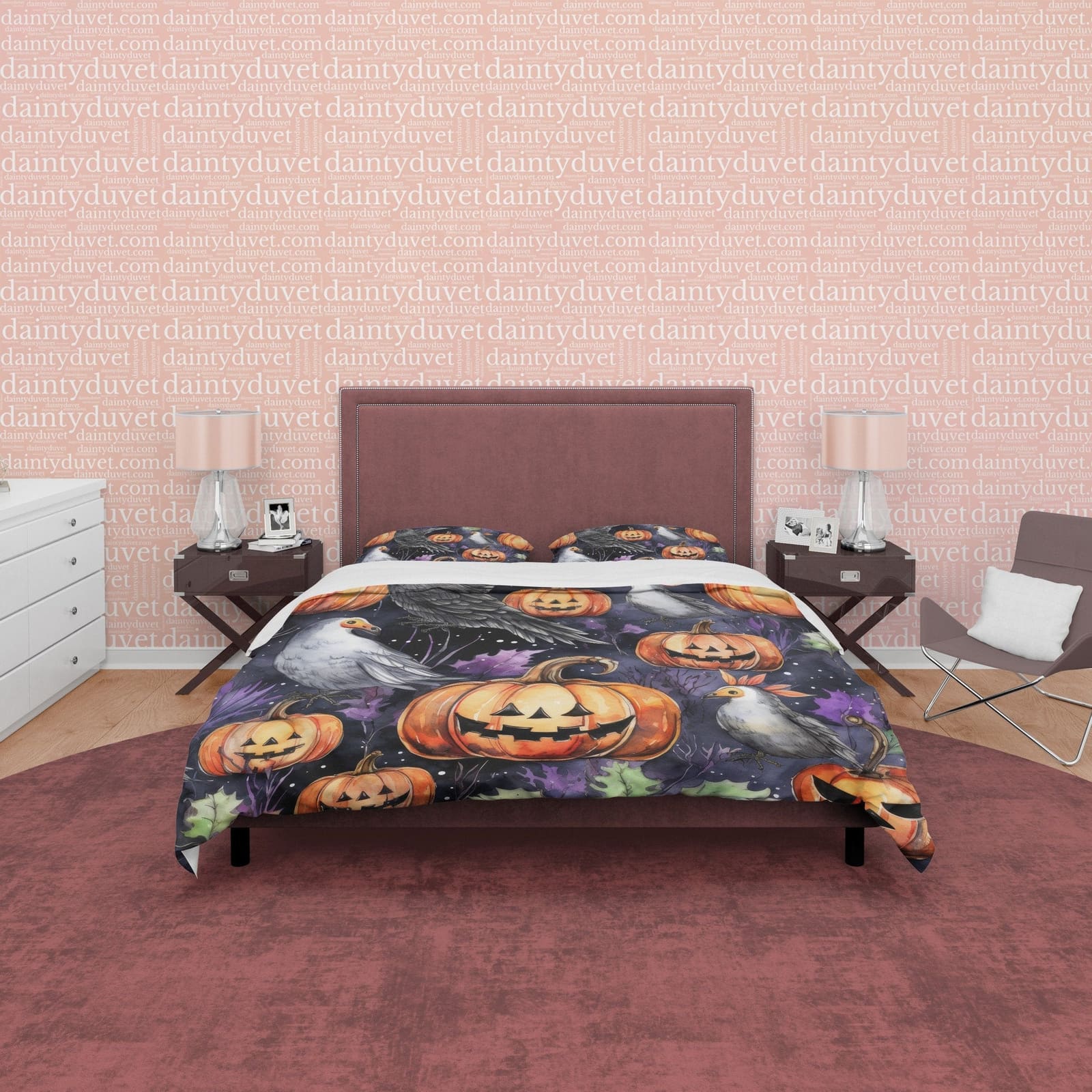 White Bird & Pumpkin Duvet Cover Set, Spooky Bedding, Retro Aesthetic Halloween Room Decor, Farmhouse Quilt Cover, Autumn…