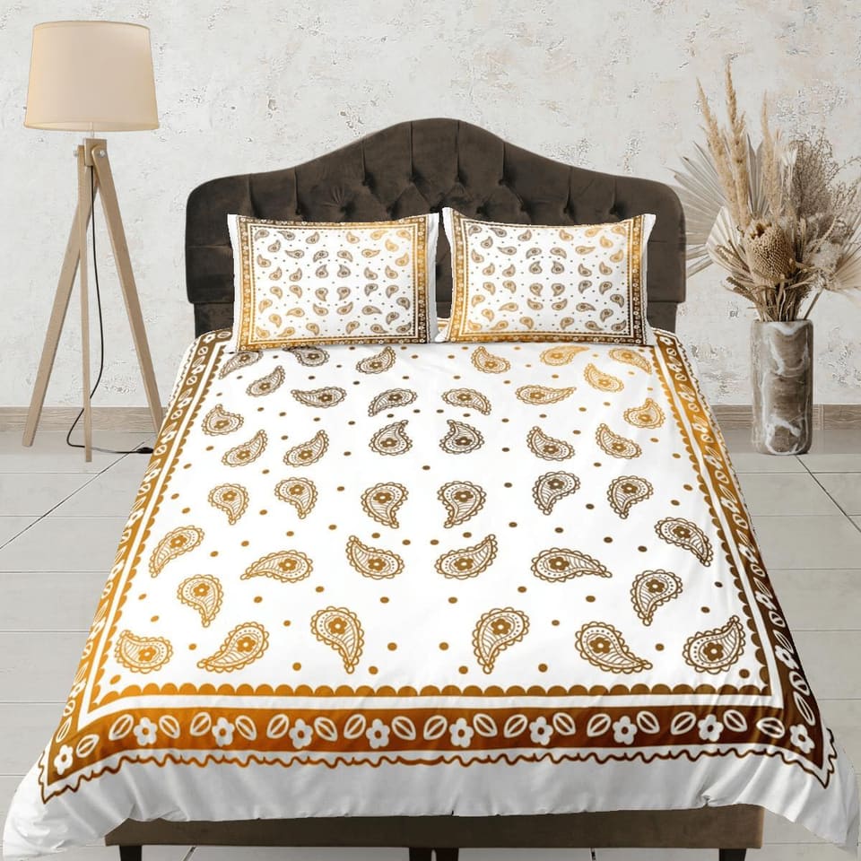 White bronze bandana paisley duvet cover set, aesthetic room decor bedding set full, king, queen size, abstract boho bedsp…