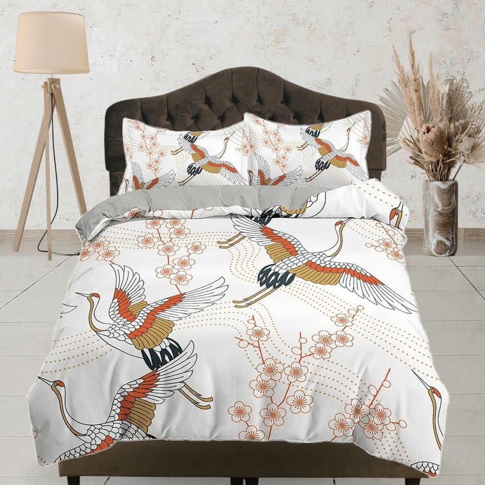 White oriental bedding with floral prints crane bird design, Asian duvet cover set with cherry blossom, Japanese bedding,…
