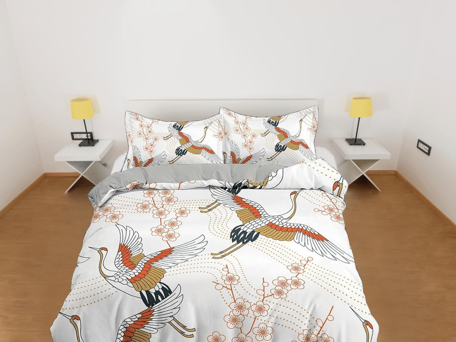 White oriental bedding with floral prints crane bird design, Asian duvet cover set with cherry blossom, Japanese bedding,…