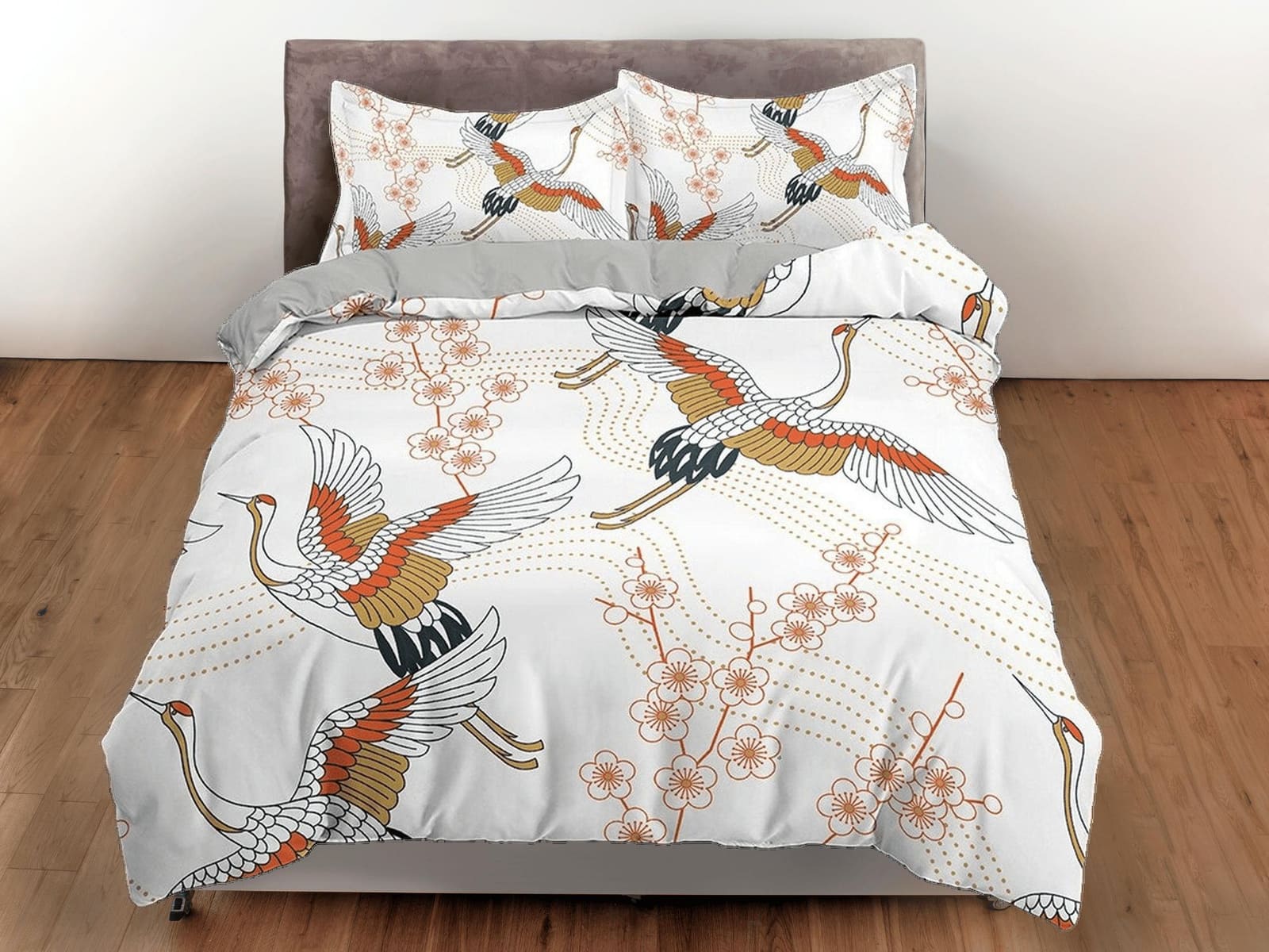 White oriental bedding with floral prints crane bird design, Asian duvet cover set with cherry blossom, Japanese bedding,…