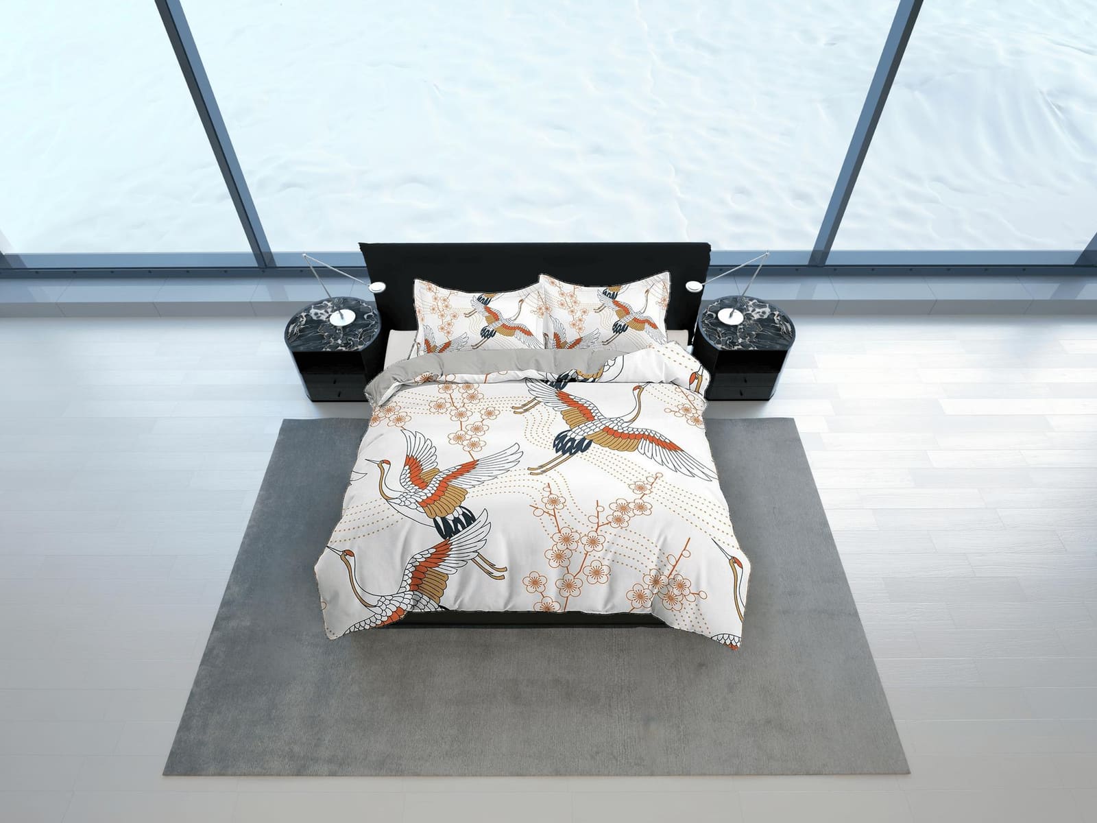 White oriental bedding with floral prints crane bird design, Asian duvet cover set with cherry blossom, Japanese bedding,…