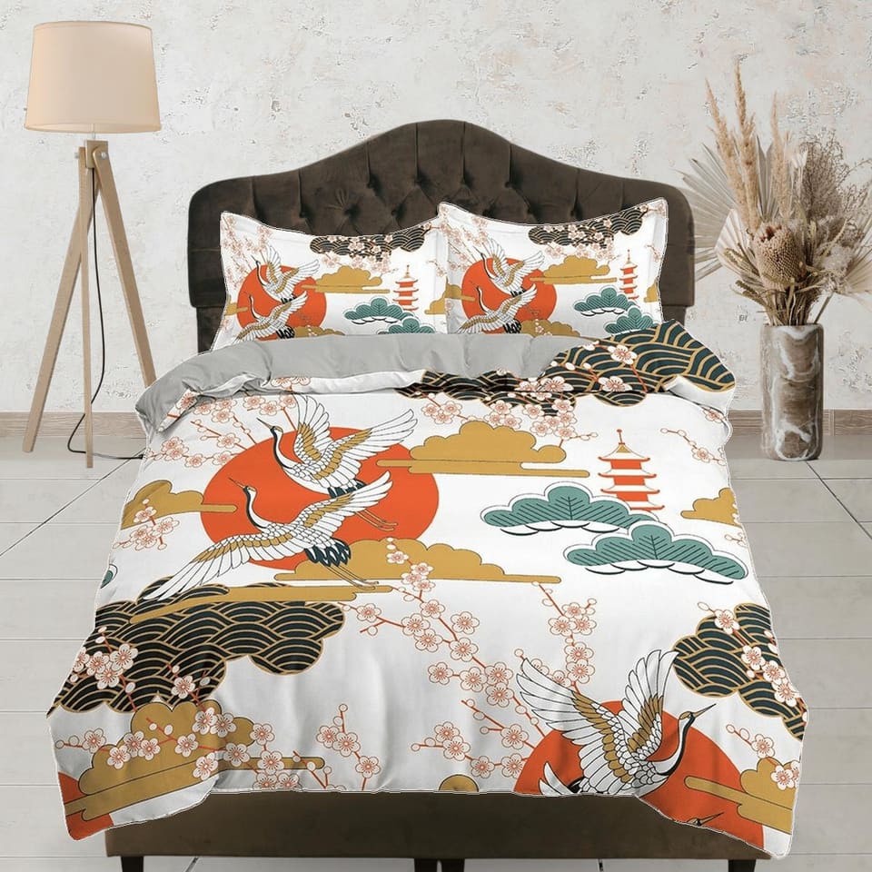 White oriental bedding with floral prints, pagoda, crane bird design, Asian duvet cover set with cherry blossom, Japanese…