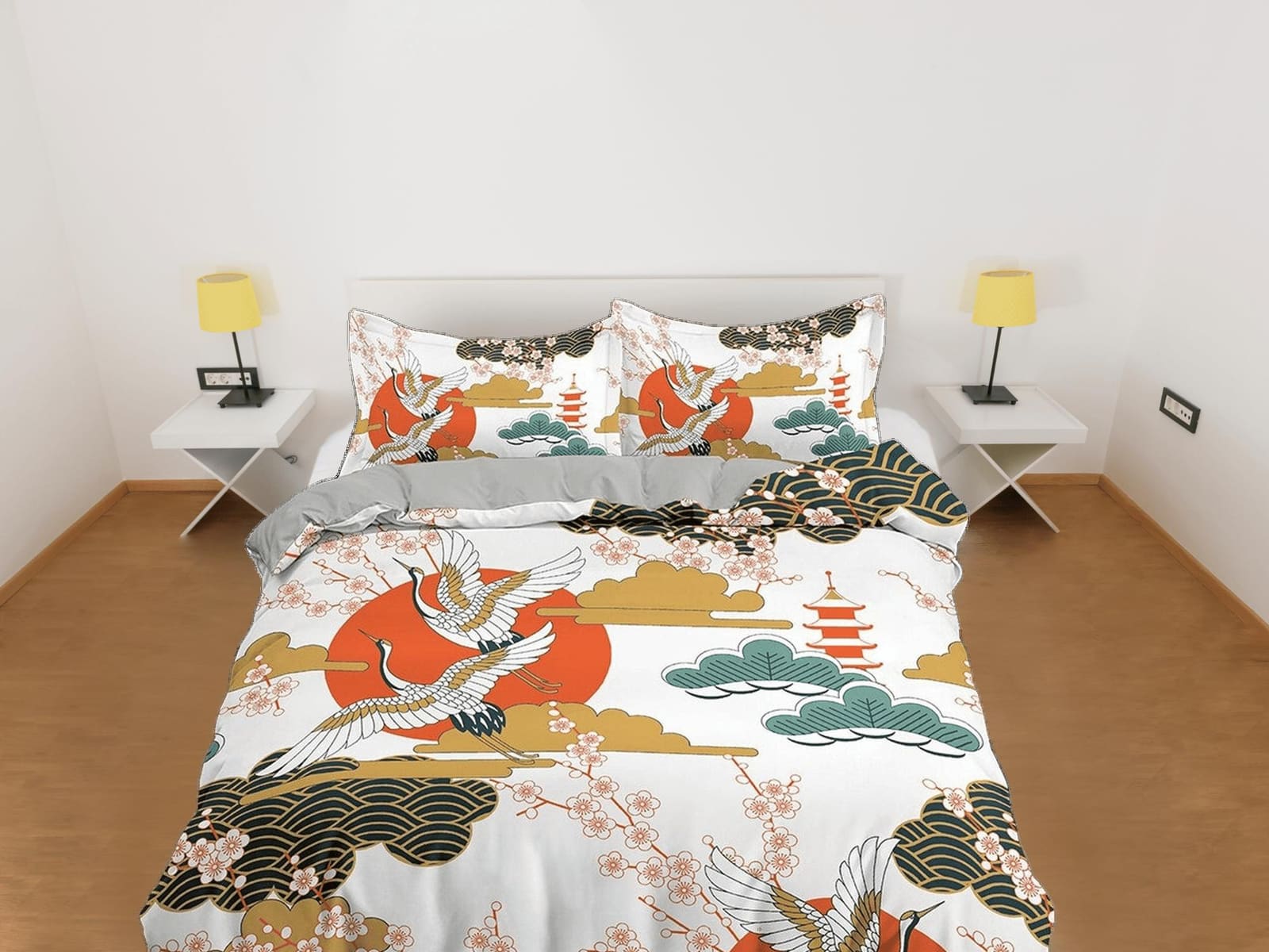 White oriental bedding with floral prints, pagoda, crane bird design, Asian duvet cover set with cherry blossom, Japanese…