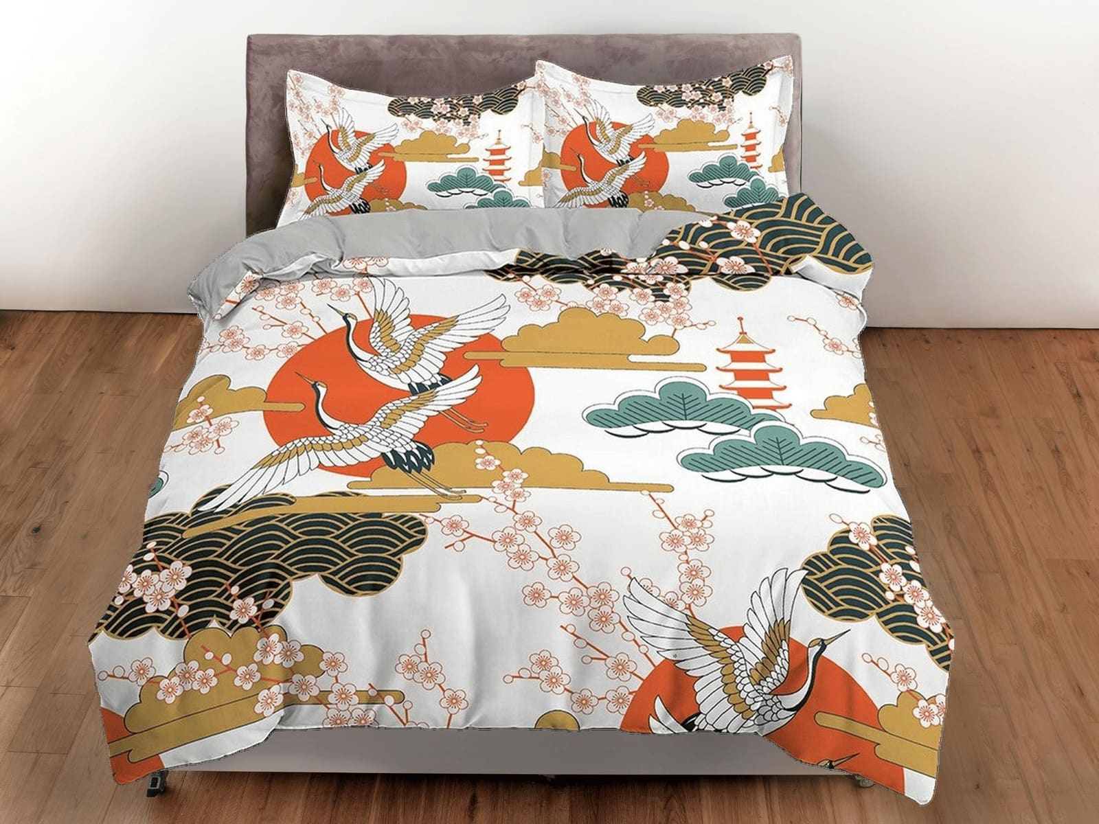 White oriental bedding with floral prints, pagoda, crane bird design, Asian duvet cover set with cherry blossom, Japanese…