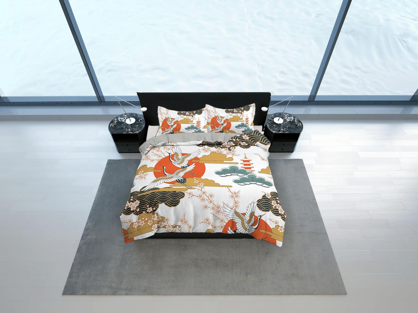 White oriental bedding with floral prints, pagoda, crane bird design, Asian duvet cover set with cherry blossom, Japanese…