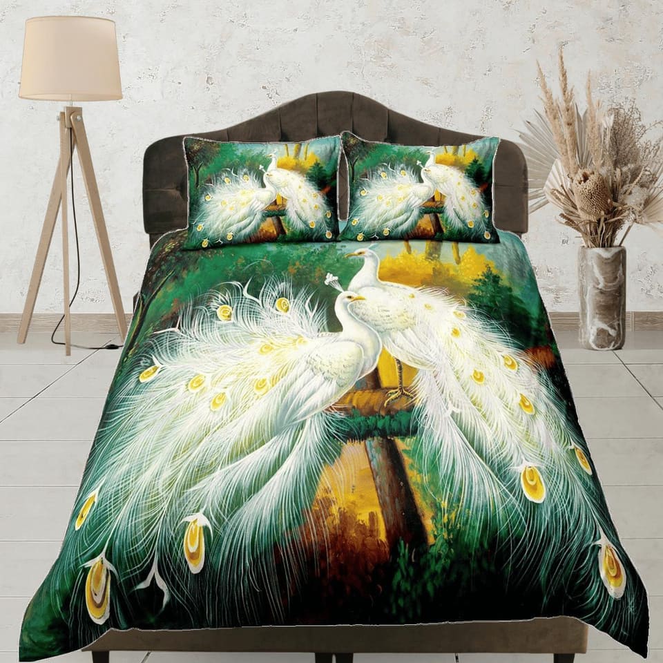 White peacock decor aesthetic bedding set full, luxury duvet cover queen, king, boho duvet, designer bedding, maximalist g…