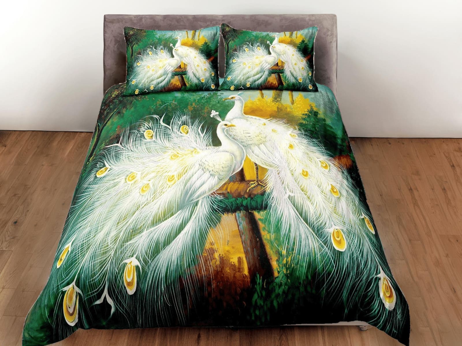 White peacock decor aesthetic bedding set full, luxury duvet cover queen, king, boho duvet, designer bedding, maximalist g…