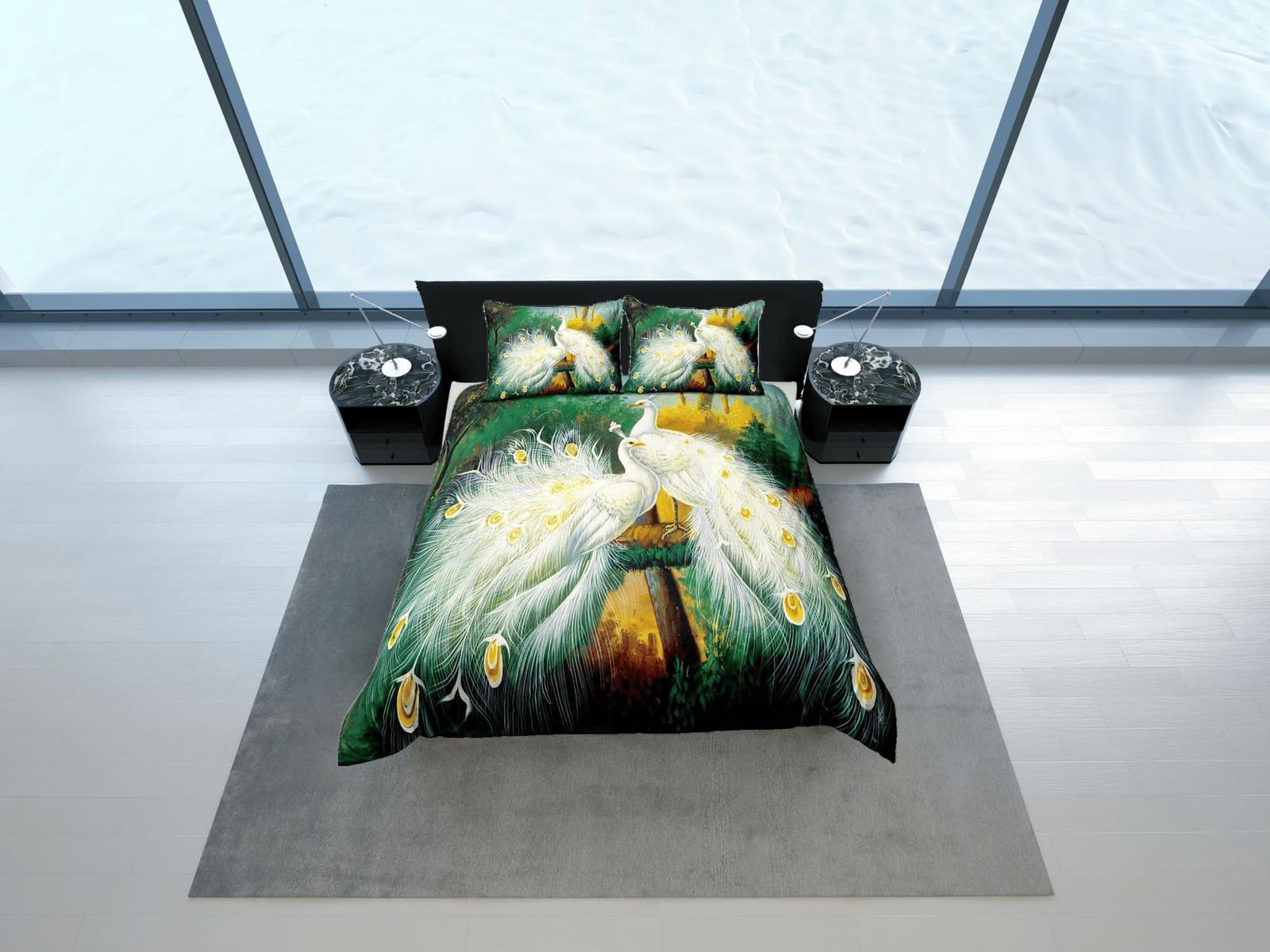 White peacock decor aesthetic bedding set full, luxury duvet cover queen, king, boho duvet, designer bedding, maximalist g…