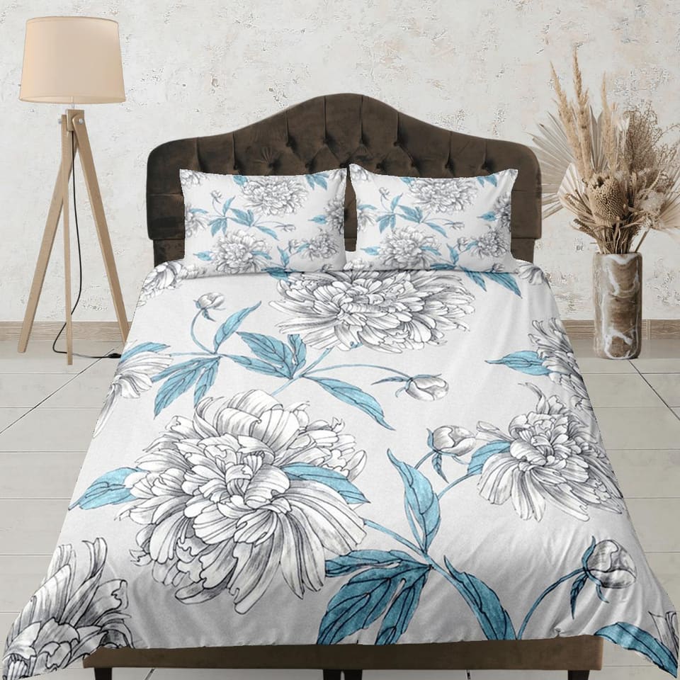 White Peony Grey Duvet Cover Set, Floral Bedspread Dorm Bedding Set Single Bedding