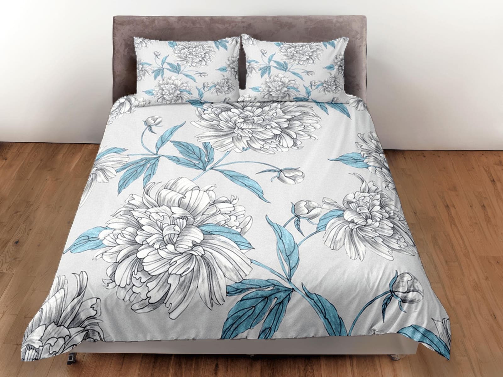 White Peony Grey Duvet Cover Set, Floral Bedspread Dorm Bedding Set Single Bedding