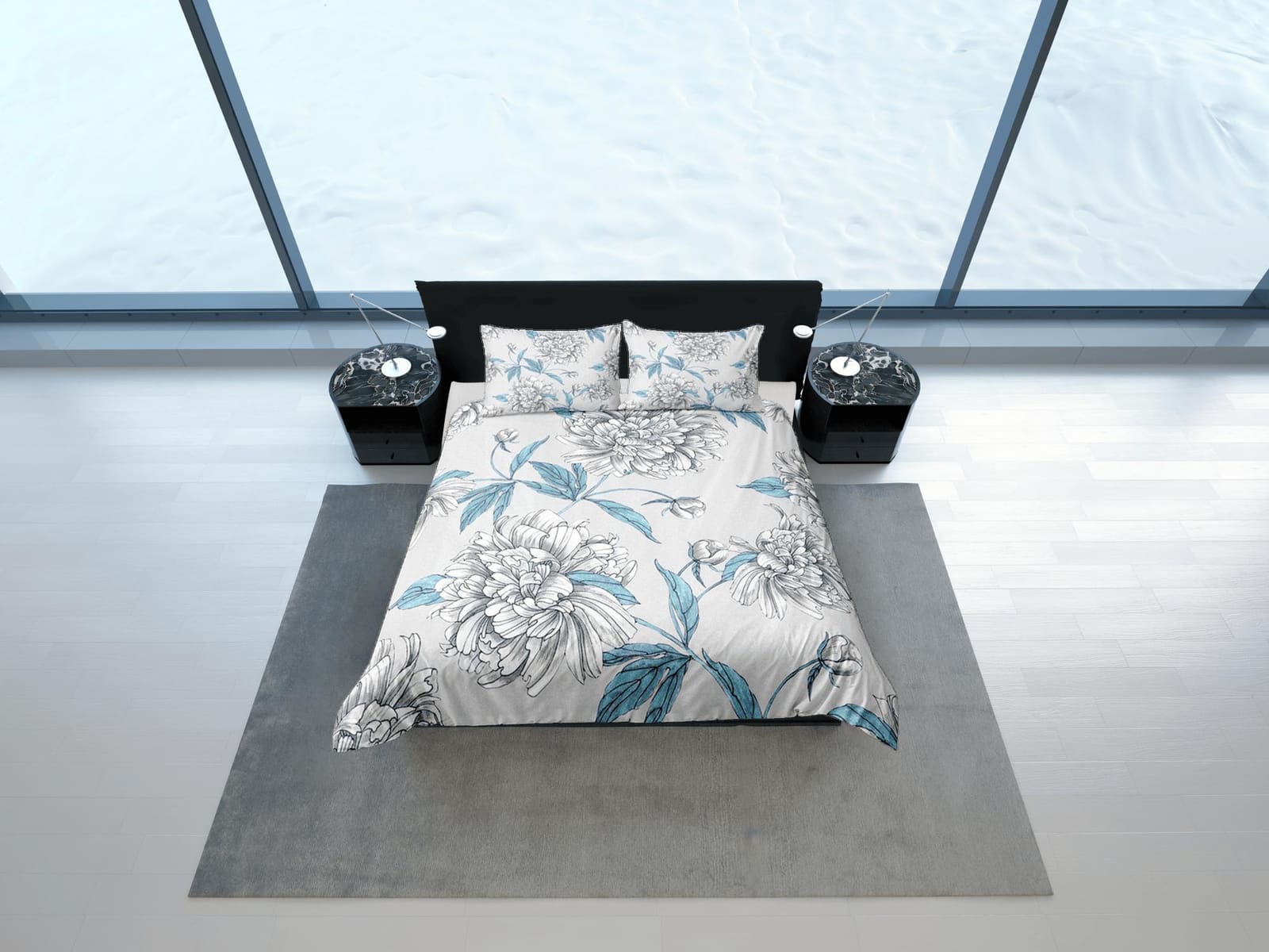 White Peony Grey Duvet Cover Set, Floral Bedspread Dorm Bedding Set Single Bedding