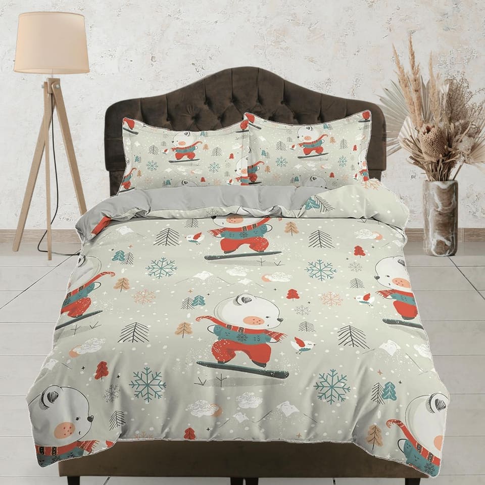 Winter Cute Polar Bear Bedding, Duvet Cover Set & Pillowcase, Zipper Bedding, Dorm Bedding, Teens Adult Duvet King Queen F…