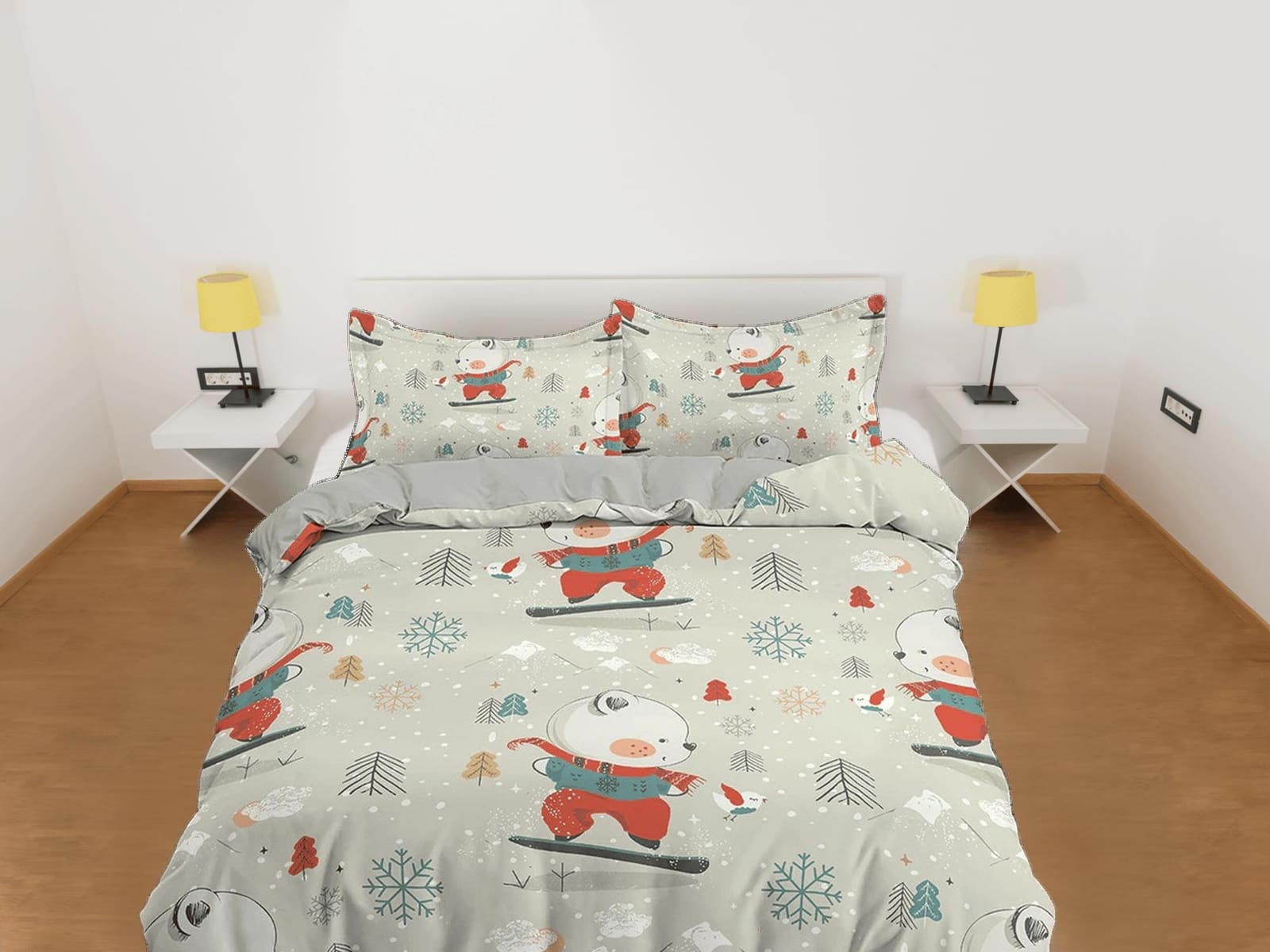 Winter Cute Polar Bear Bedding, Duvet Cover Set & Pillowcase, Zipper Bedding, Dorm Bedding, Teens Adult Duvet King Queen F…