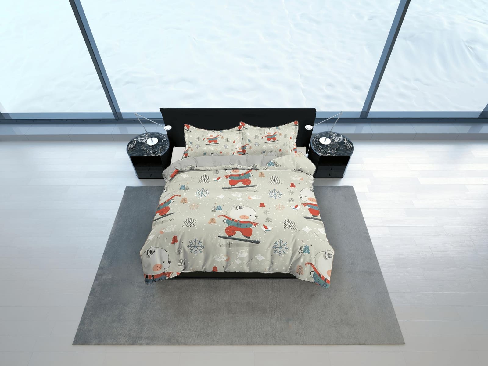 Winter Cute Polar Bear Bedding, Duvet Cover Set & Pillowcase, Zipper Bedding, Dorm Bedding, Teens Adult Duvet King Queen F…