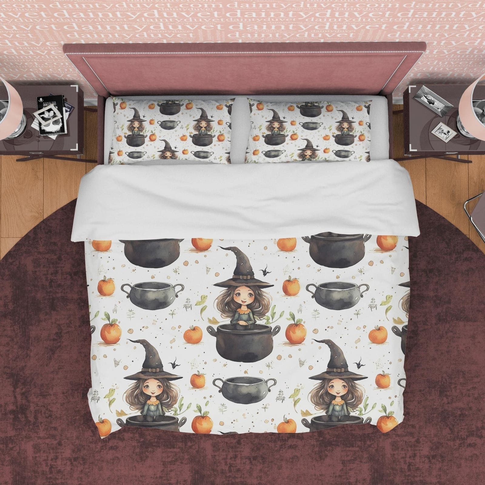 Witch Kid's Bedroom Duvet Cover Set, Pot Potion Quilt Cover Aesthetic Zipper Bedding, Enchanted Apple Blanket Cover Hallow…