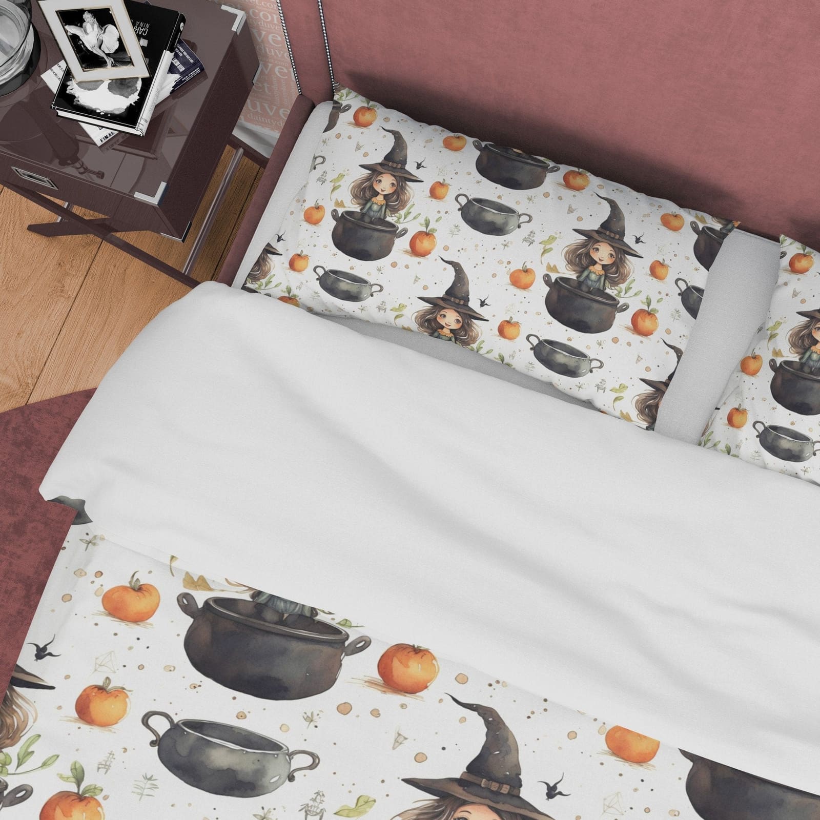 Witch Kid's Bedroom Duvet Cover Set, Pot Potion Quilt Cover Aesthetic Zipper Bedding, Enchanted Apple Blanket Cover Hallow…